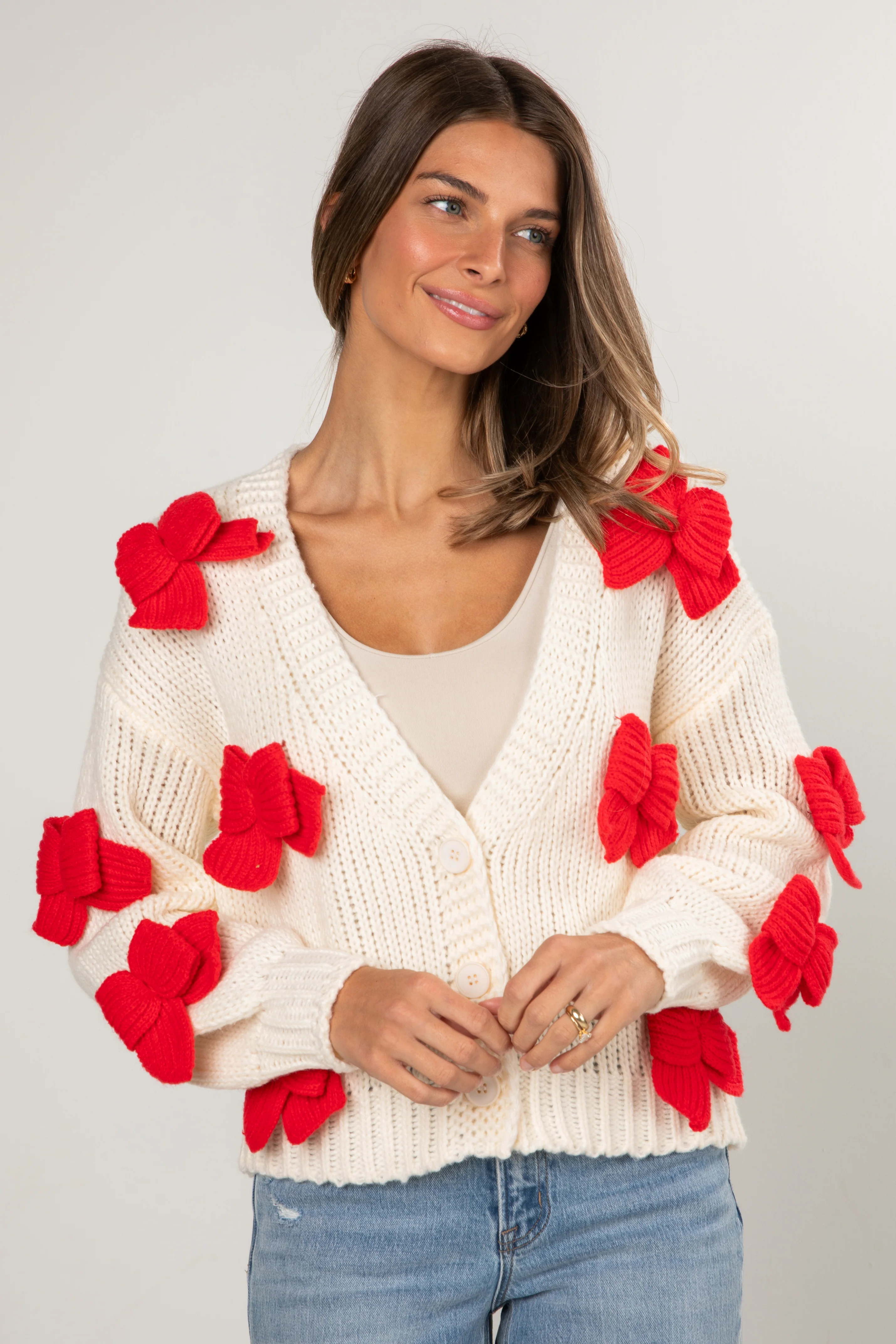 Jingle Bows Cream Red Cardigan