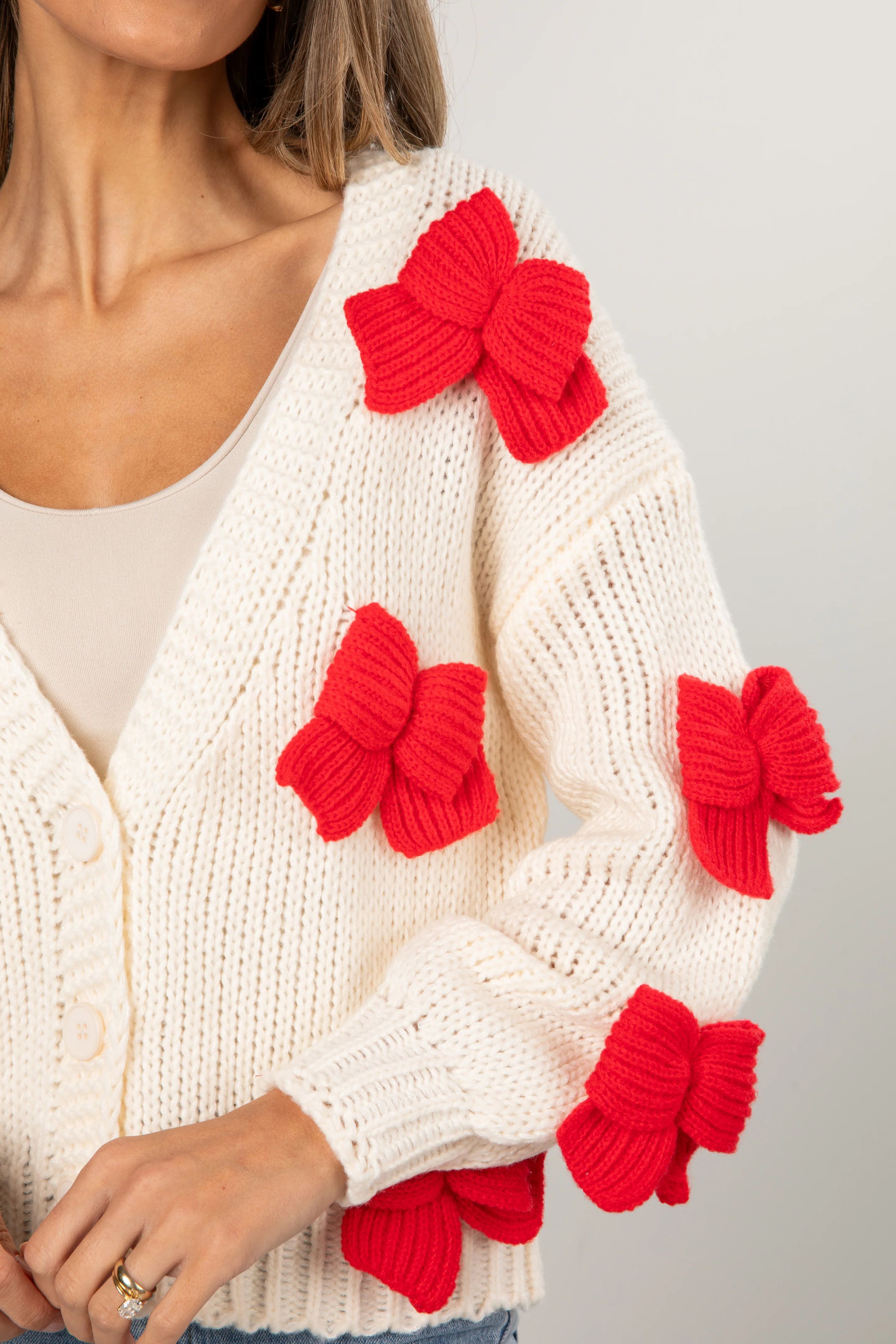 Jingle Bows Cream Red Cardigan
