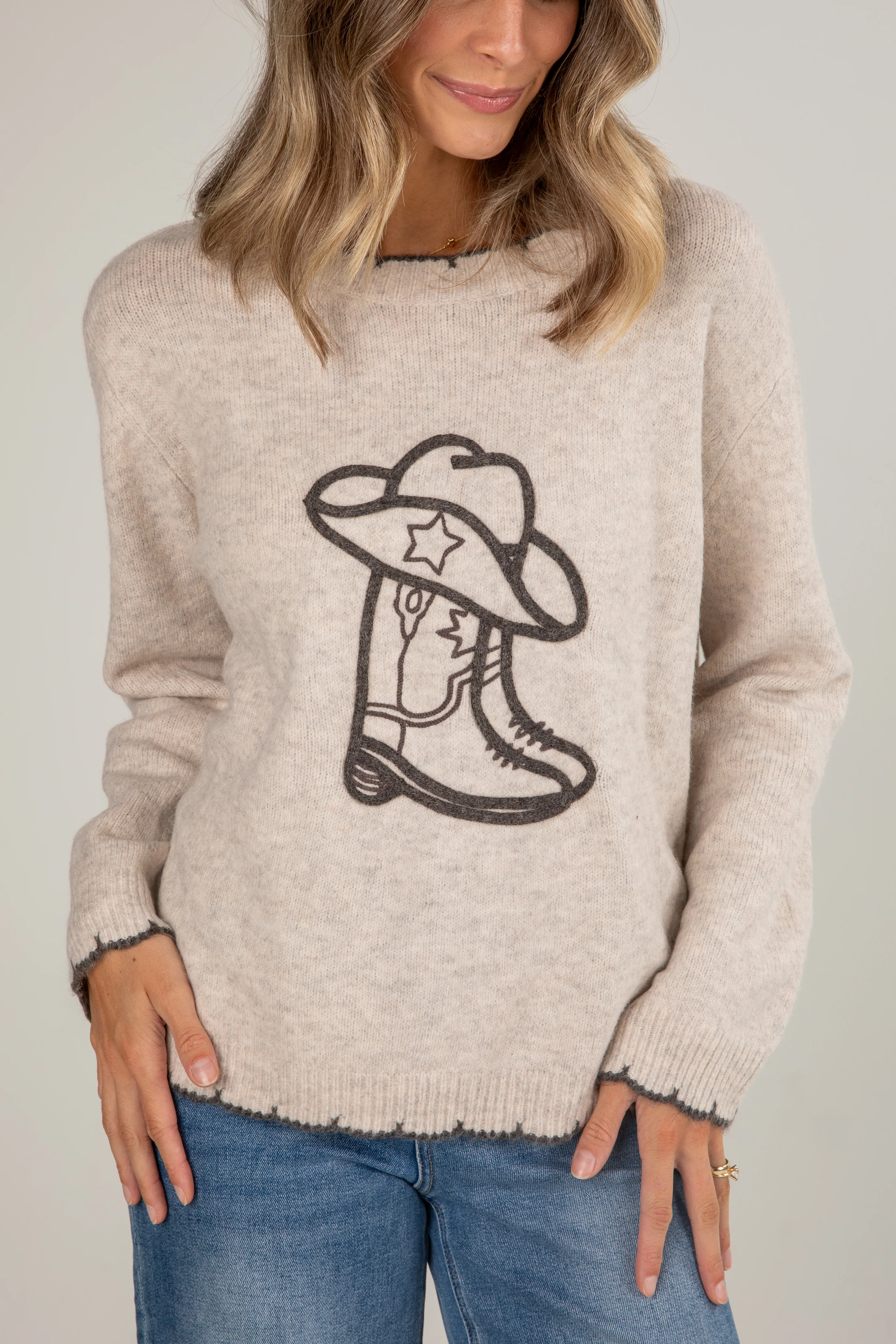 FINAL SALE - Oatmeal Cowboy Boot Sweater