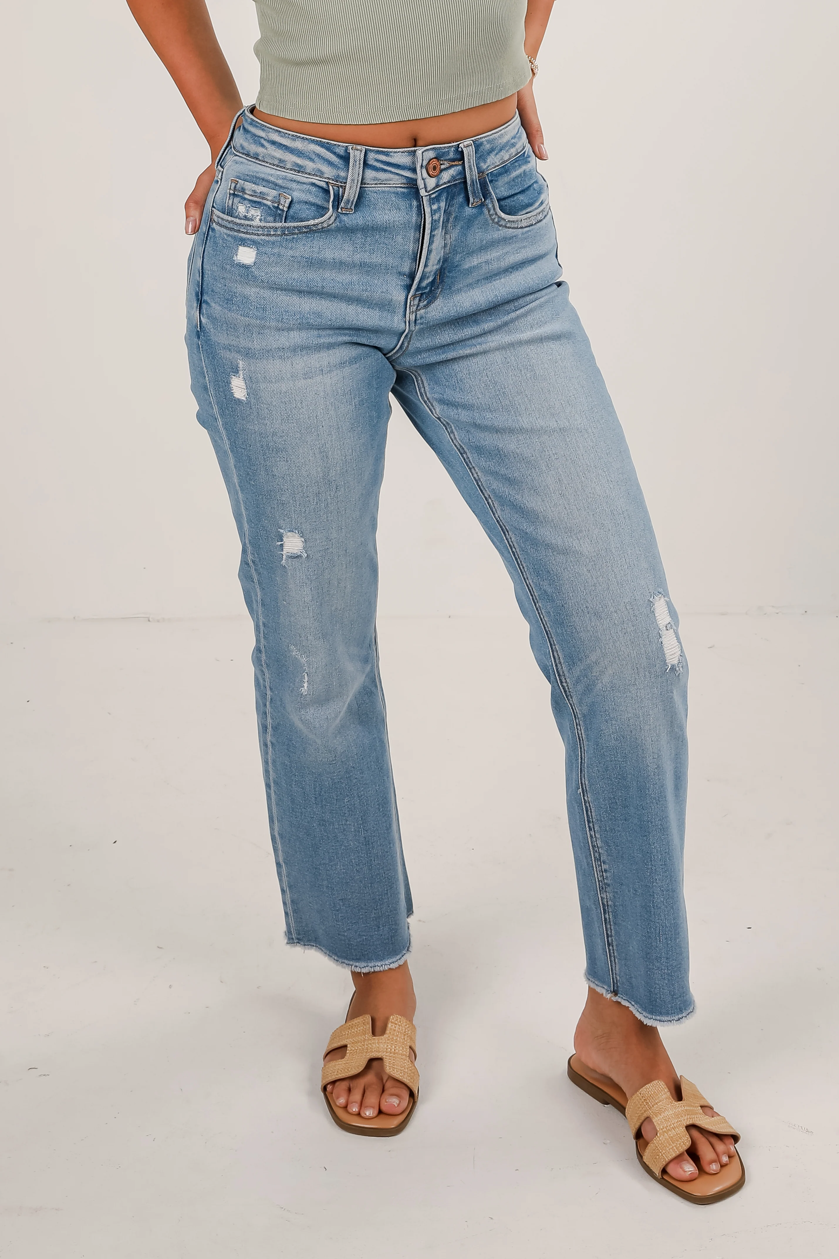 FINAL SALE - Aria Light Wash High-Rise Distressed Stretch Straight Jeans