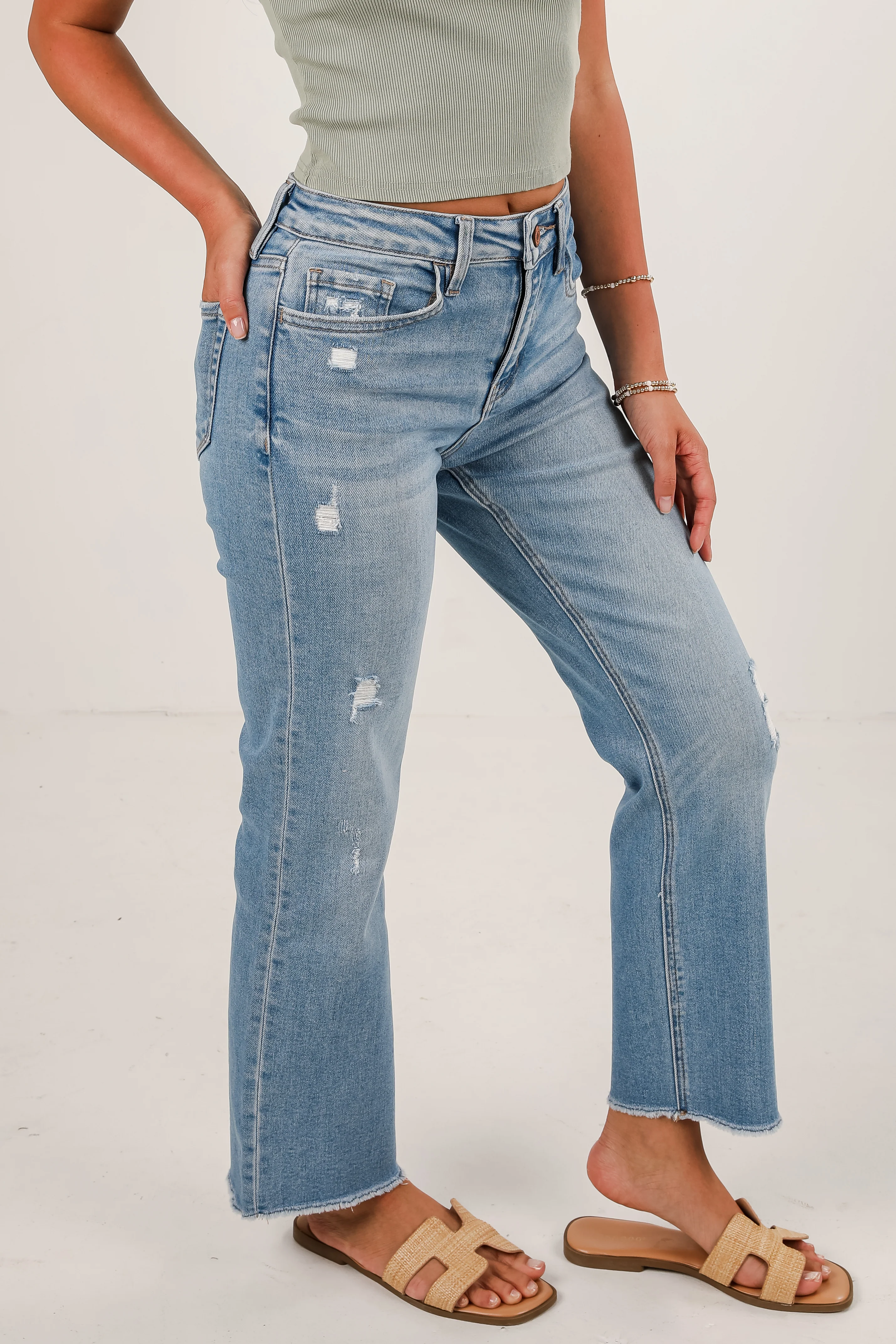 FINAL SALE - Aria Light Wash High-Rise Distressed Stretch Straight Jeans
