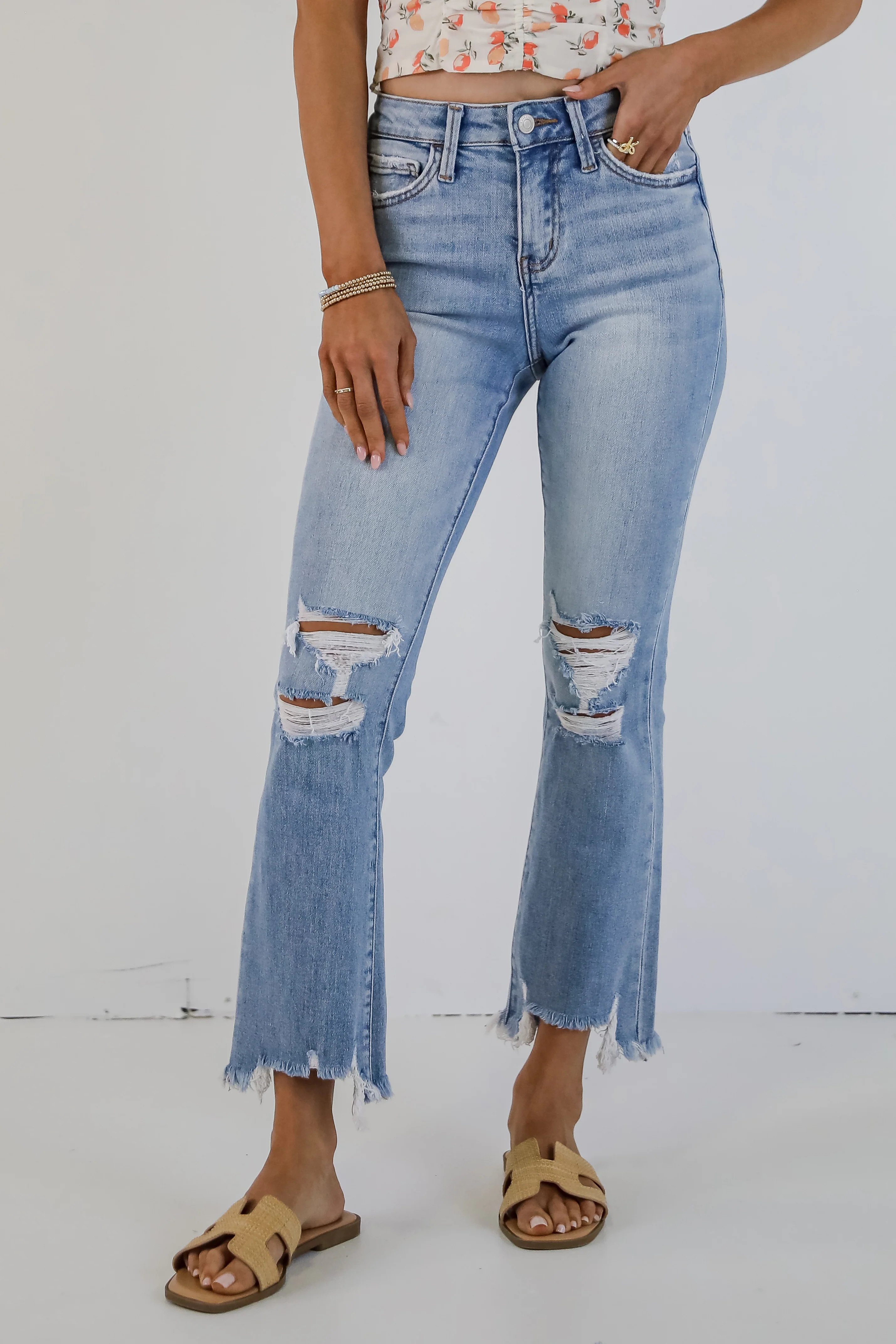 FINAL SALE - Cindy Light Wash Distressed Crop Flare Jeans