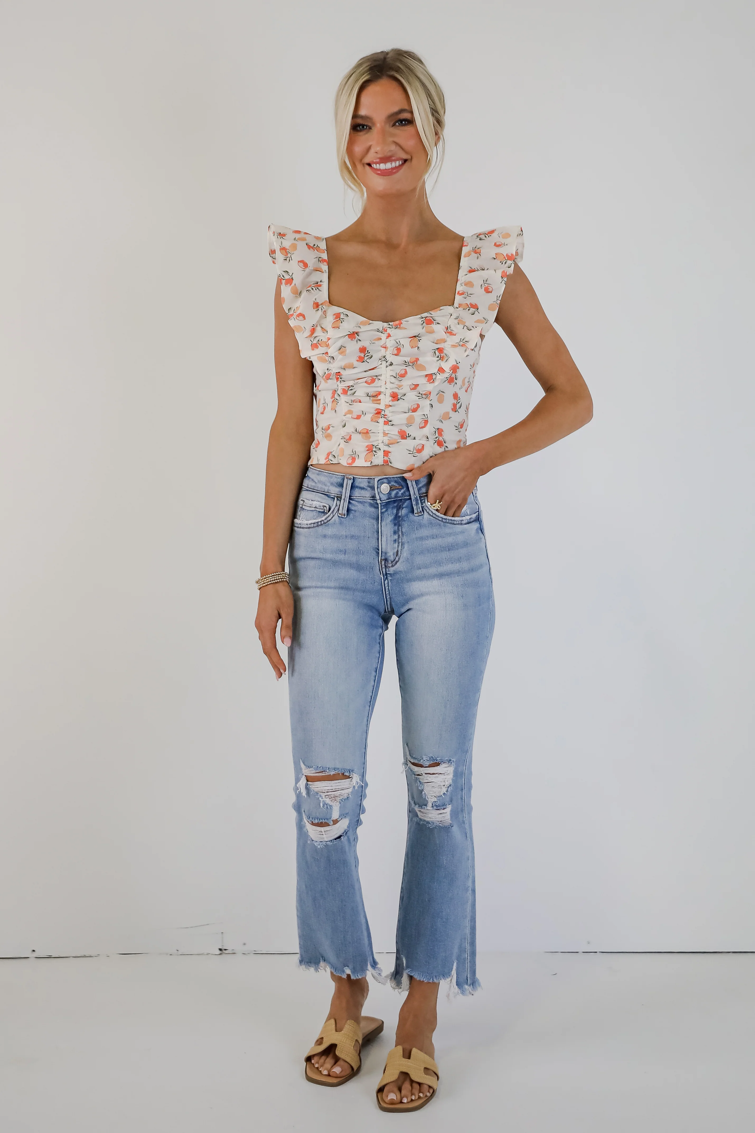 FINAL SALE - Cindy Light Wash Distressed Crop Flare Jeans