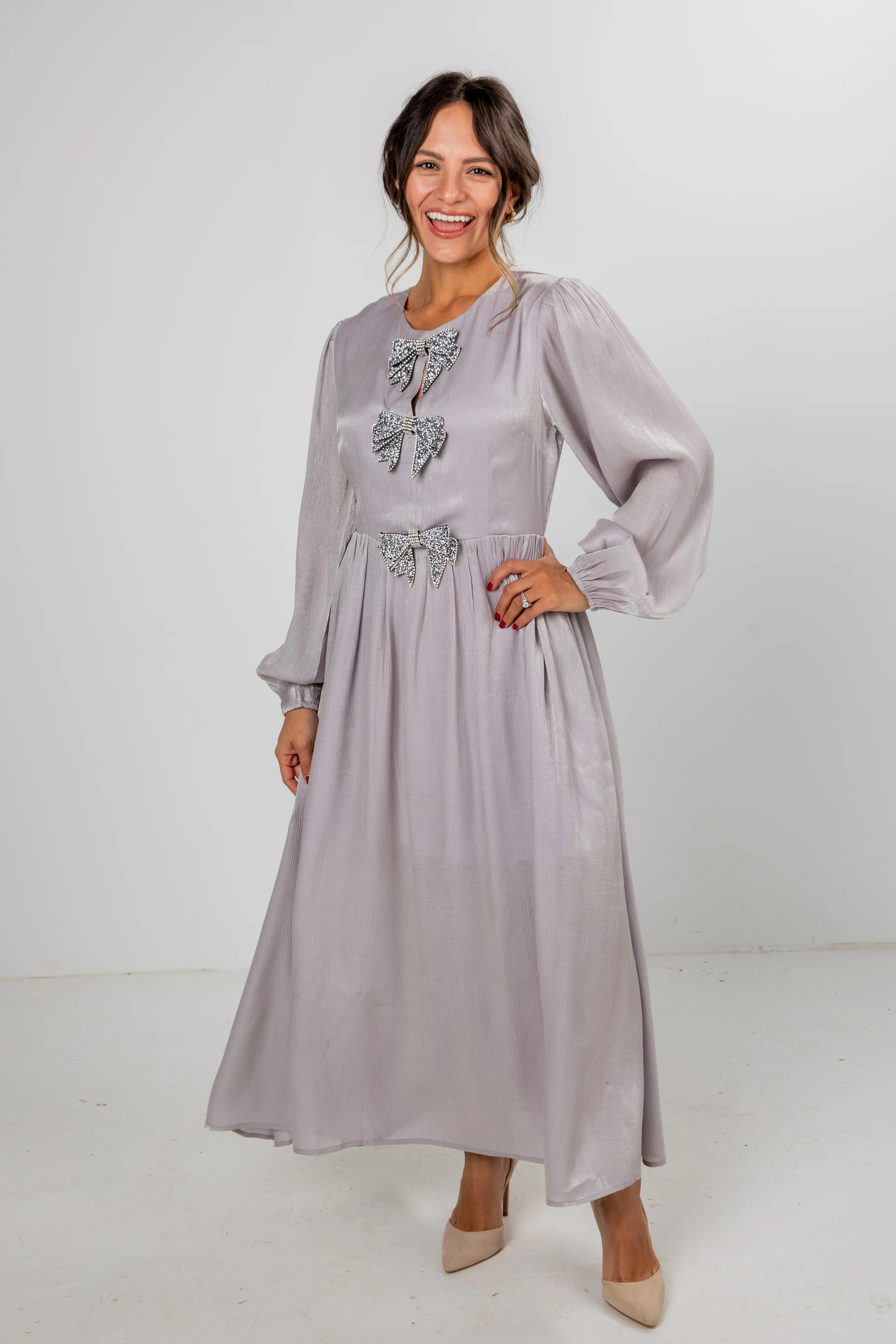 FINAL SALE - Radiant Occasion Silver Rhinestone Bow Maxi Dress