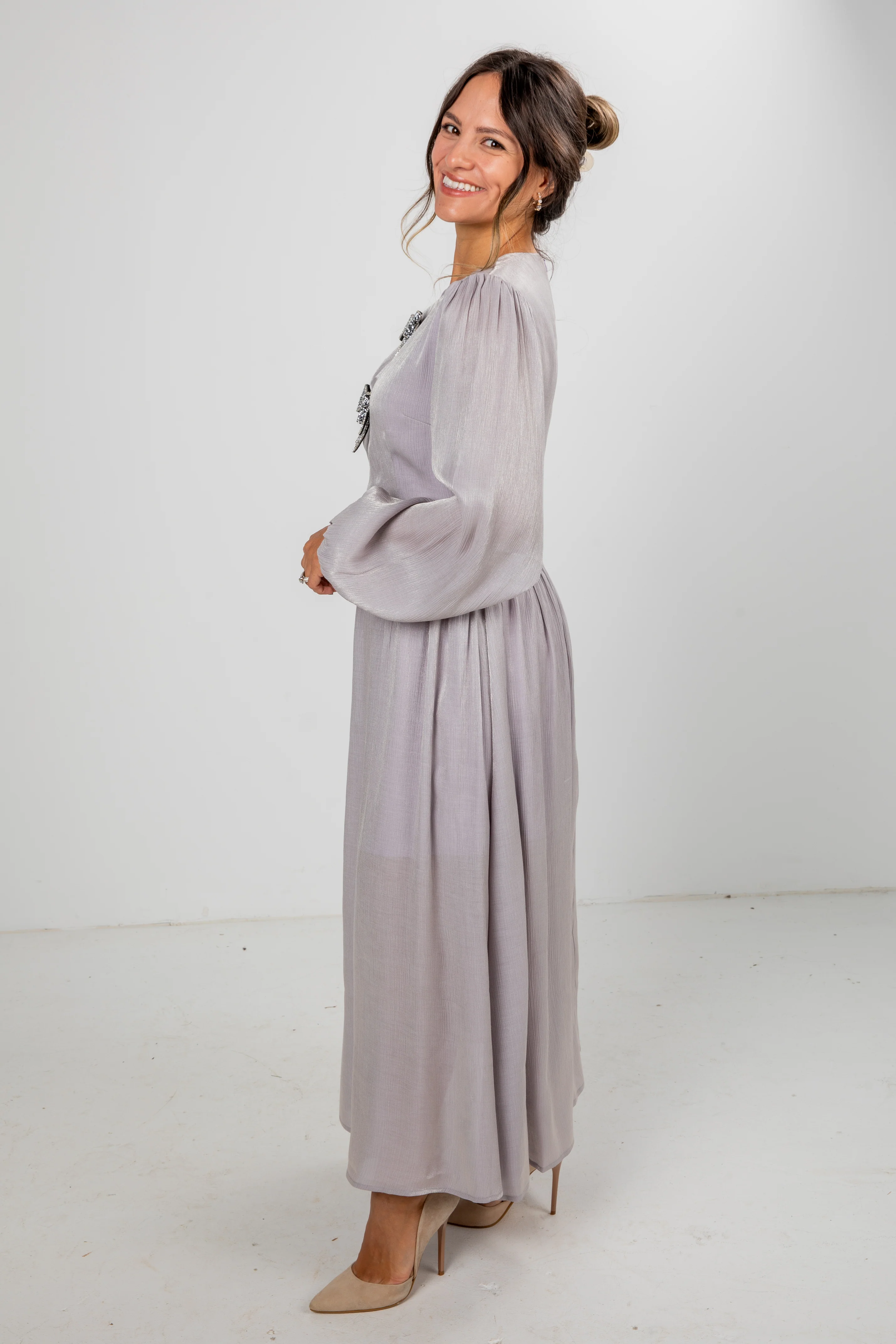 FINAL SALE - Radiant Occasion Silver Rhinestone Bow Maxi Dress