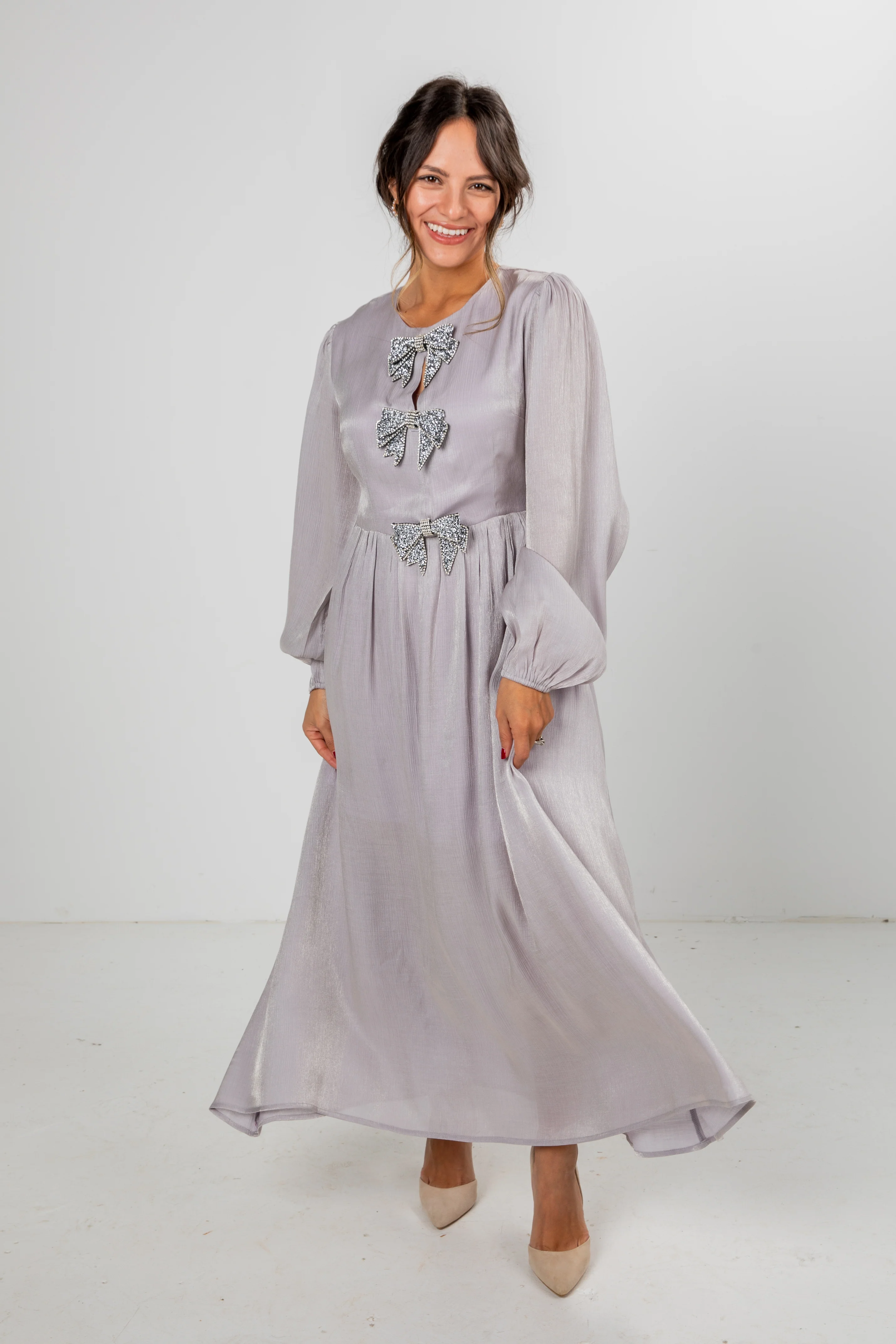 FINAL SALE - Radiant Occasion Silver Rhinestone Bow Maxi Dress