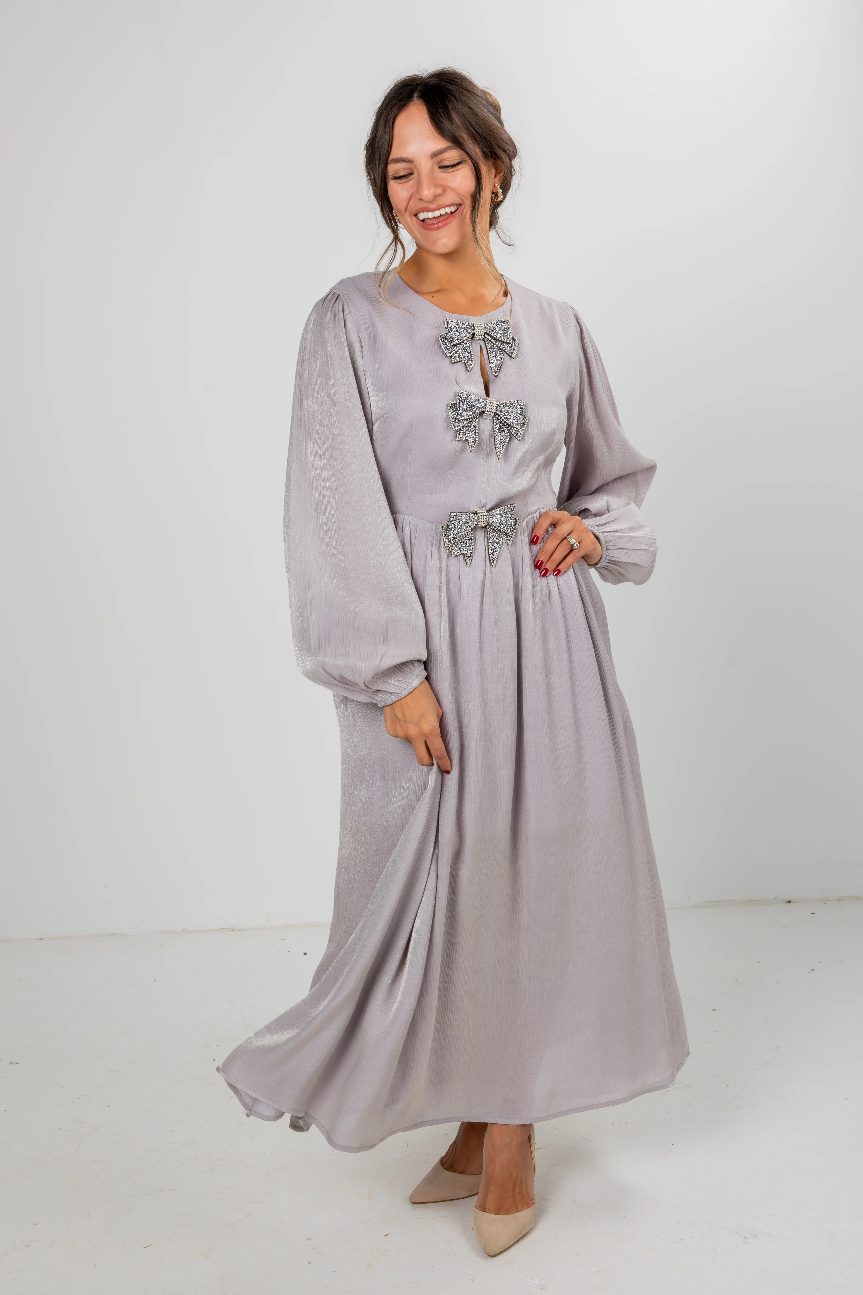 FINAL SALE - Radiant Occasion Silver Rhinestone Bow Maxi Dress