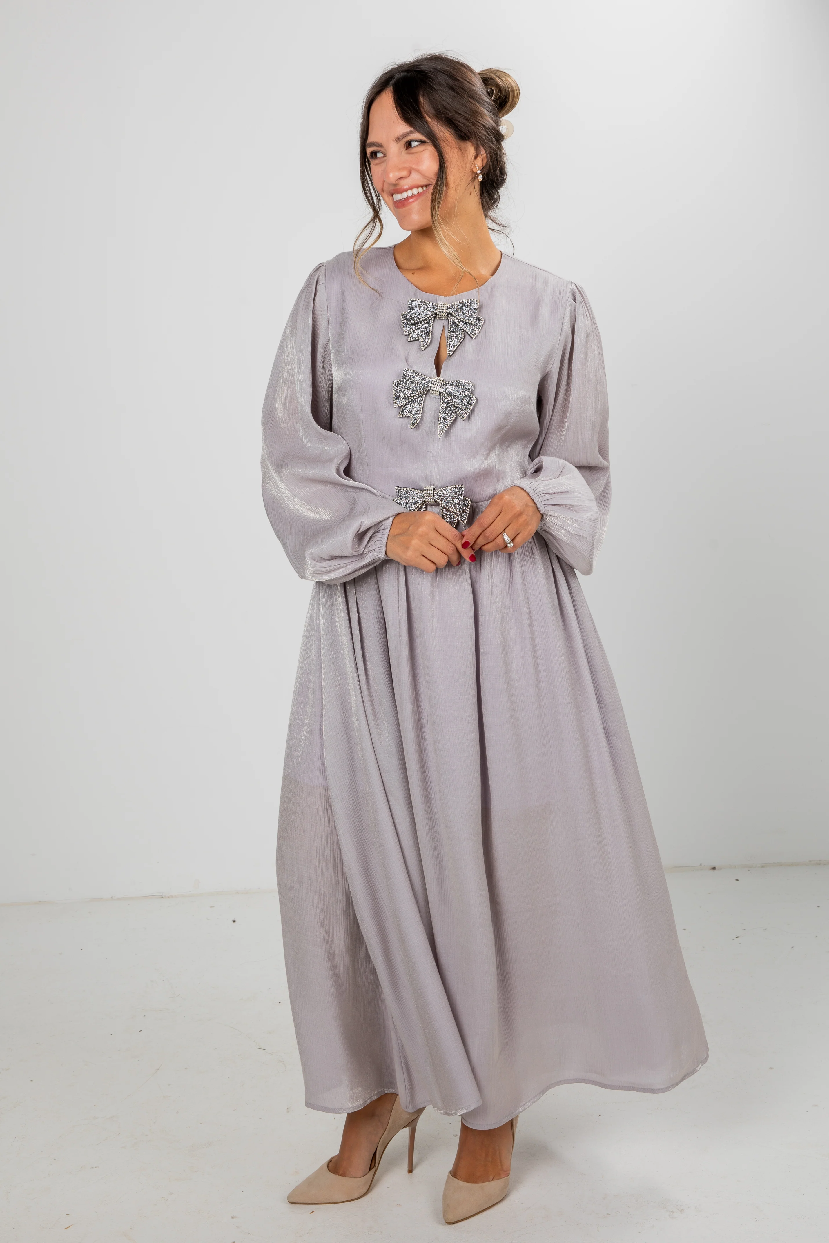 FINAL SALE - Radiant Occasion Silver Rhinestone Bow Maxi Dress