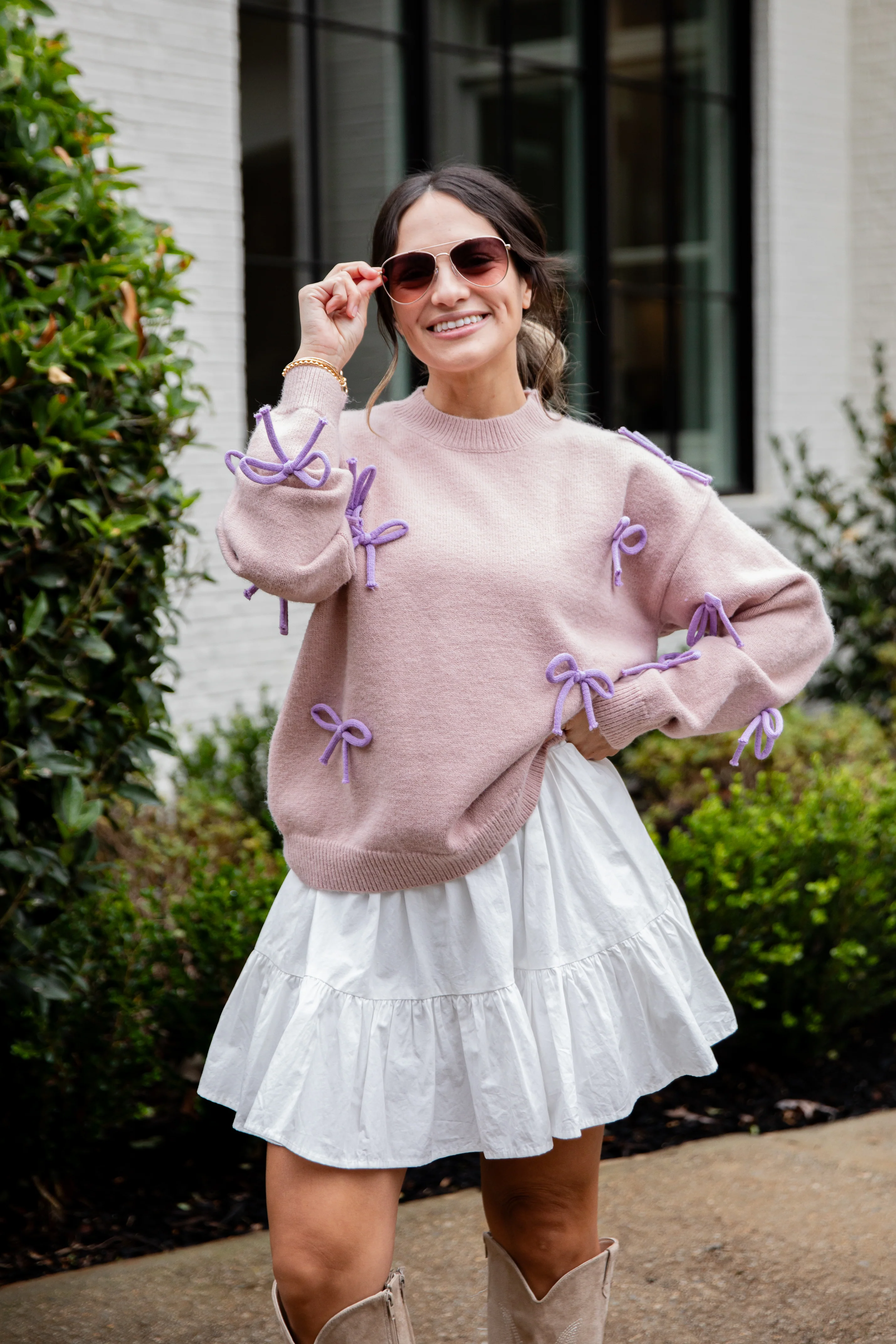 Bow Accent Mauve Knit Sweater