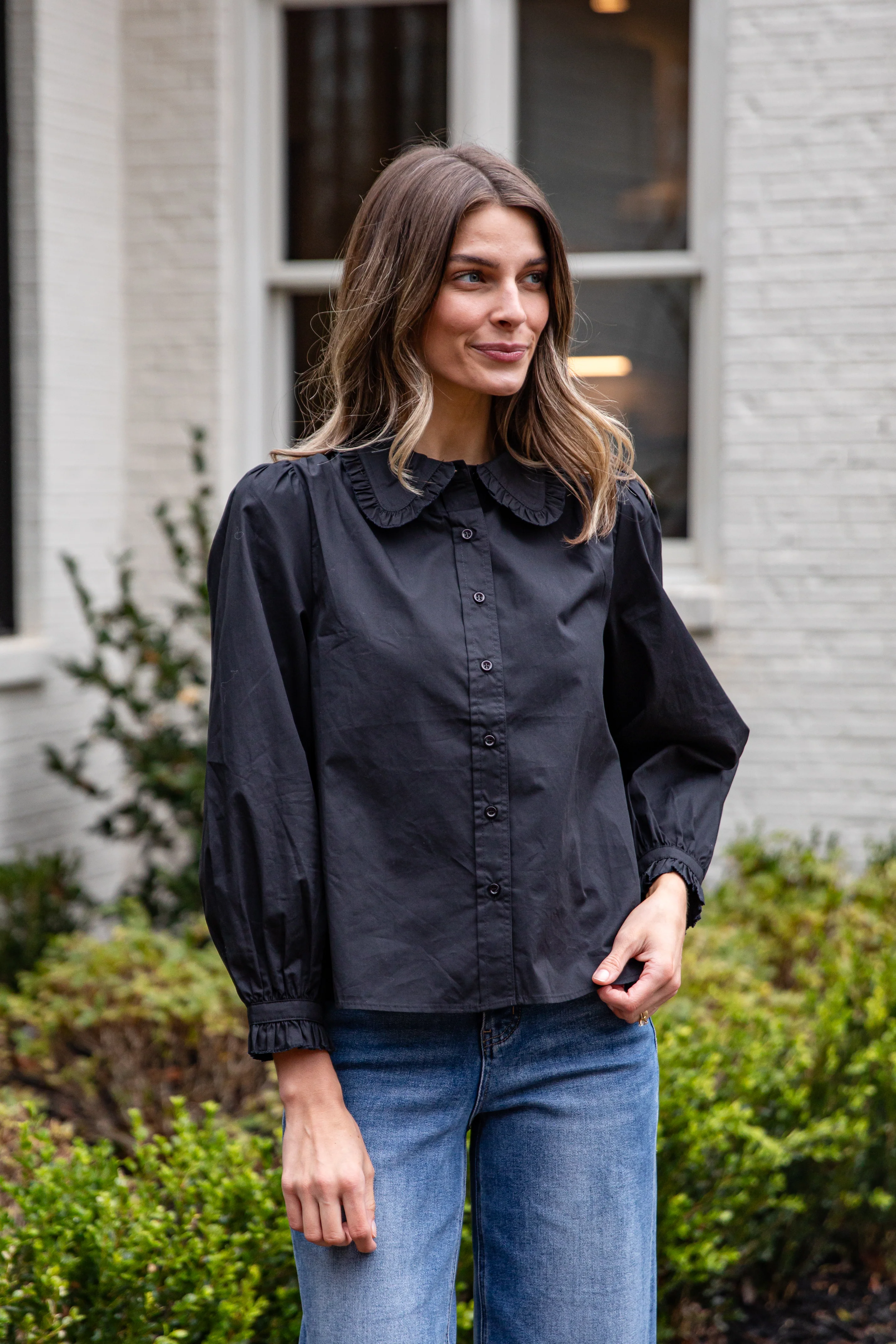 Everyday Ease Ruffle Button-Down Blouse