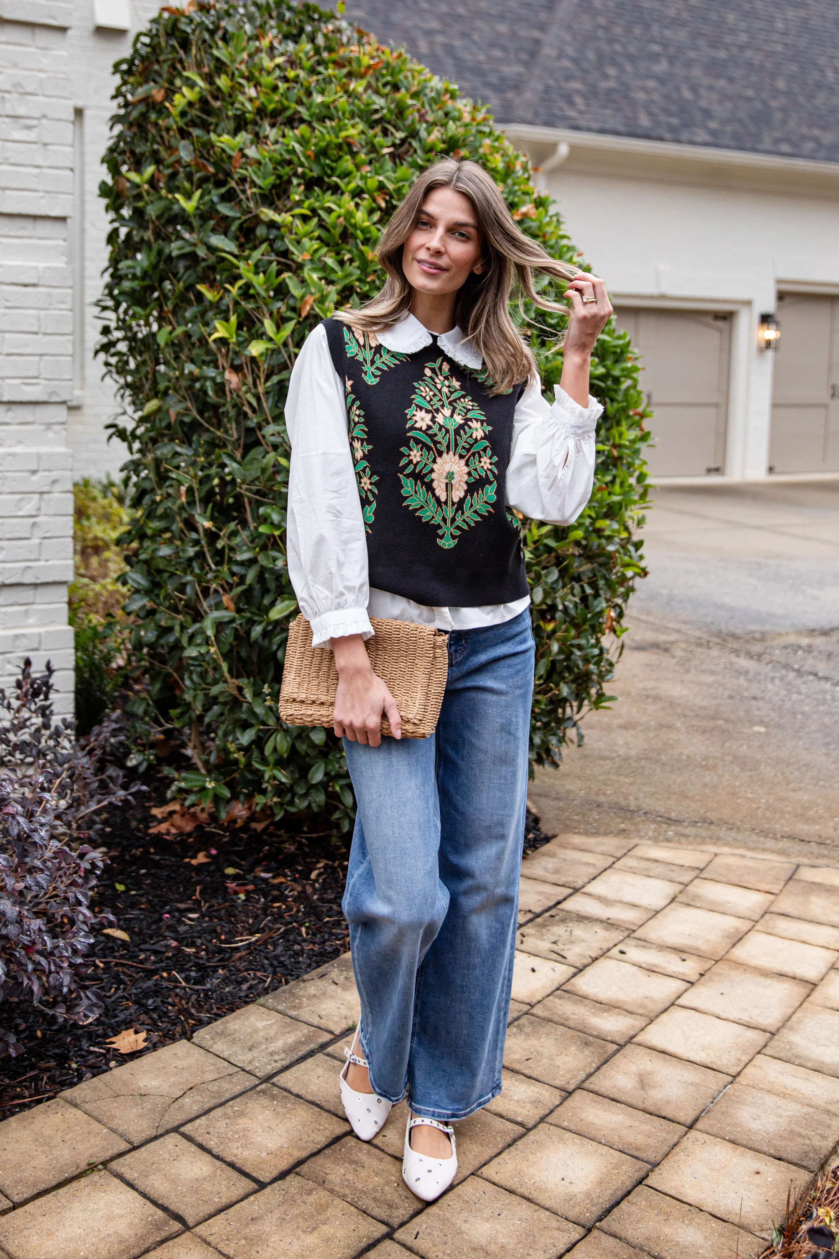 Evergreen Botanical Print Black Knit Vest