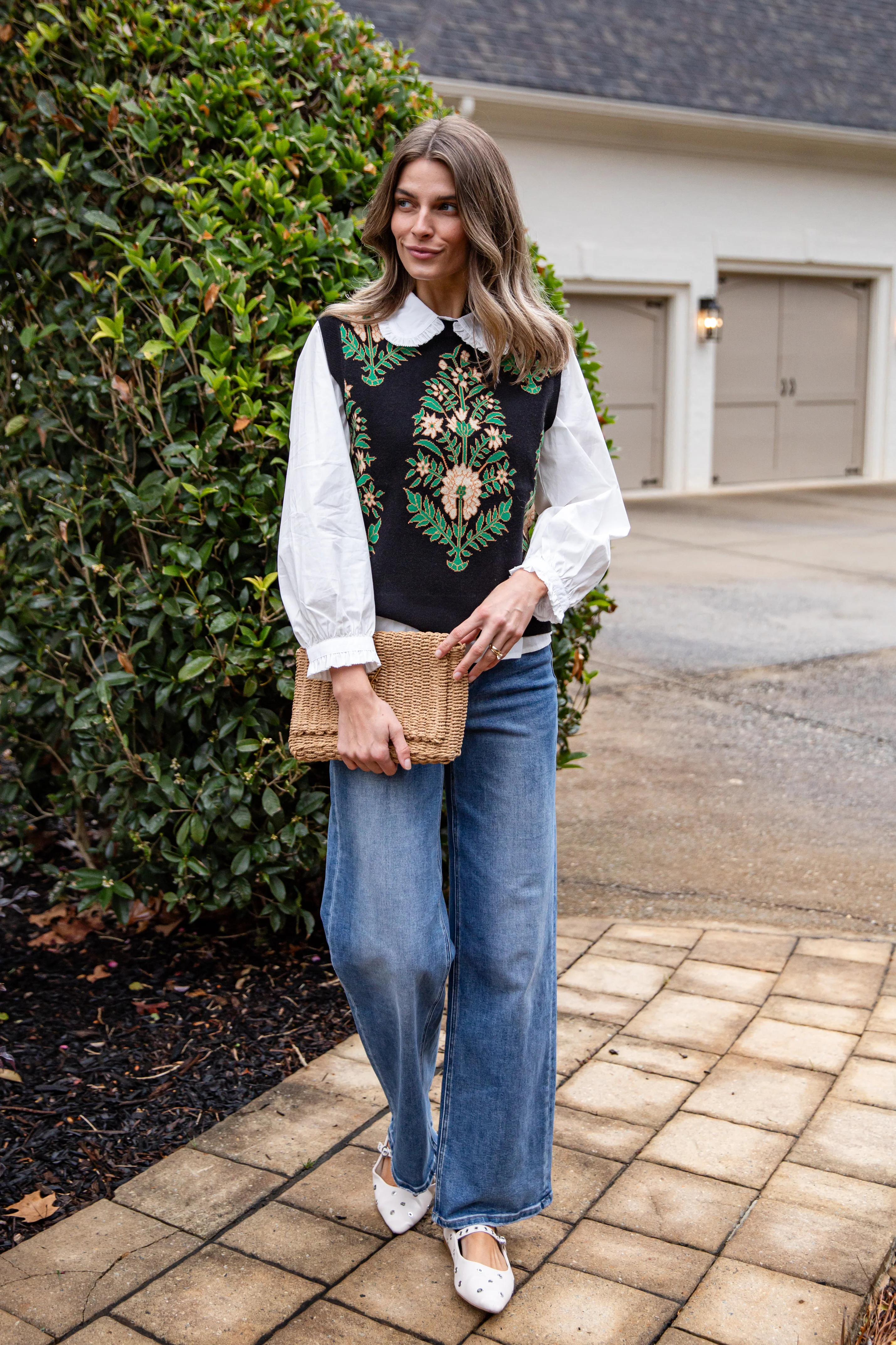 Evergreen Botanical Print Black Knit Vest