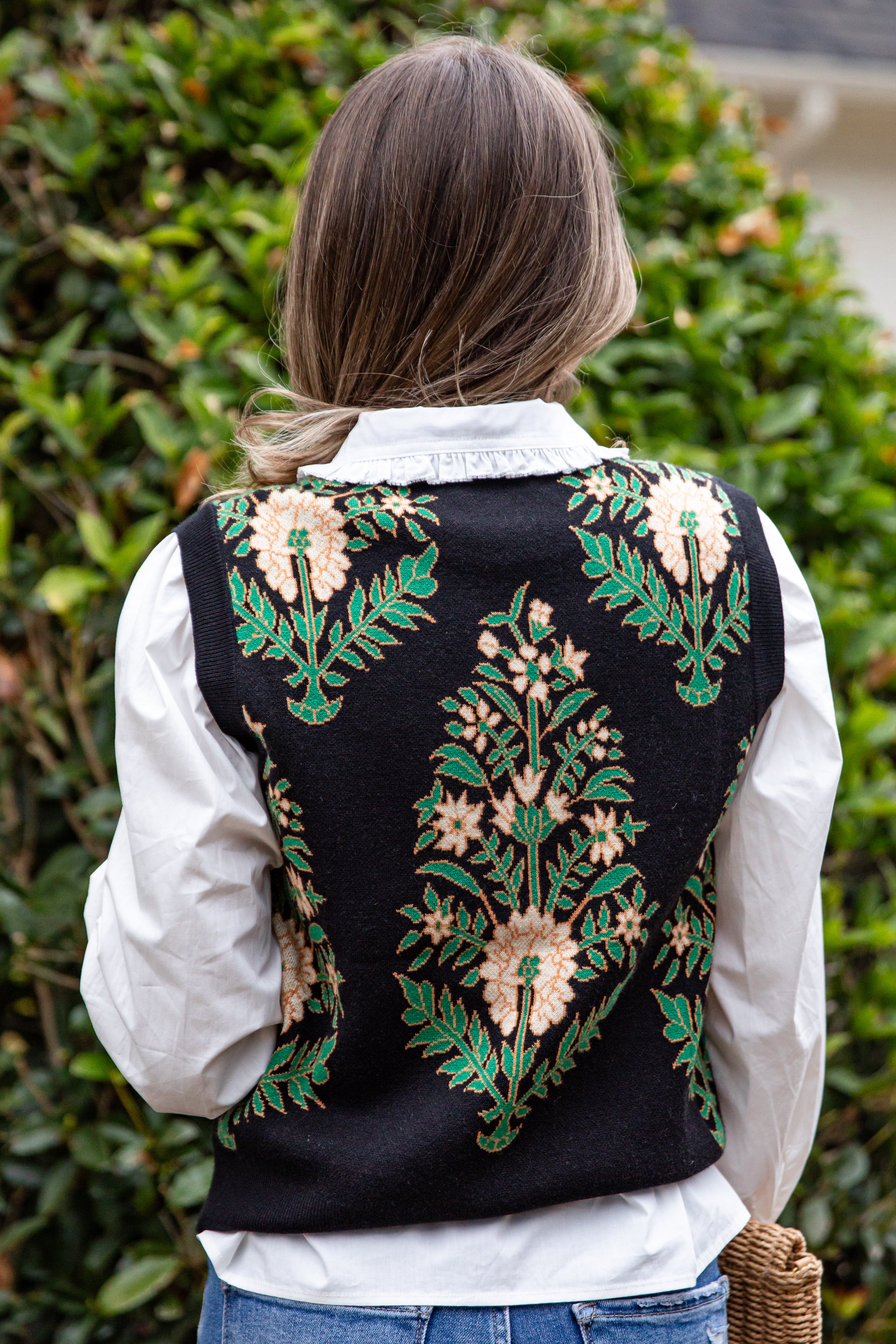 Evergreen Botanical Print Black Knit Vest