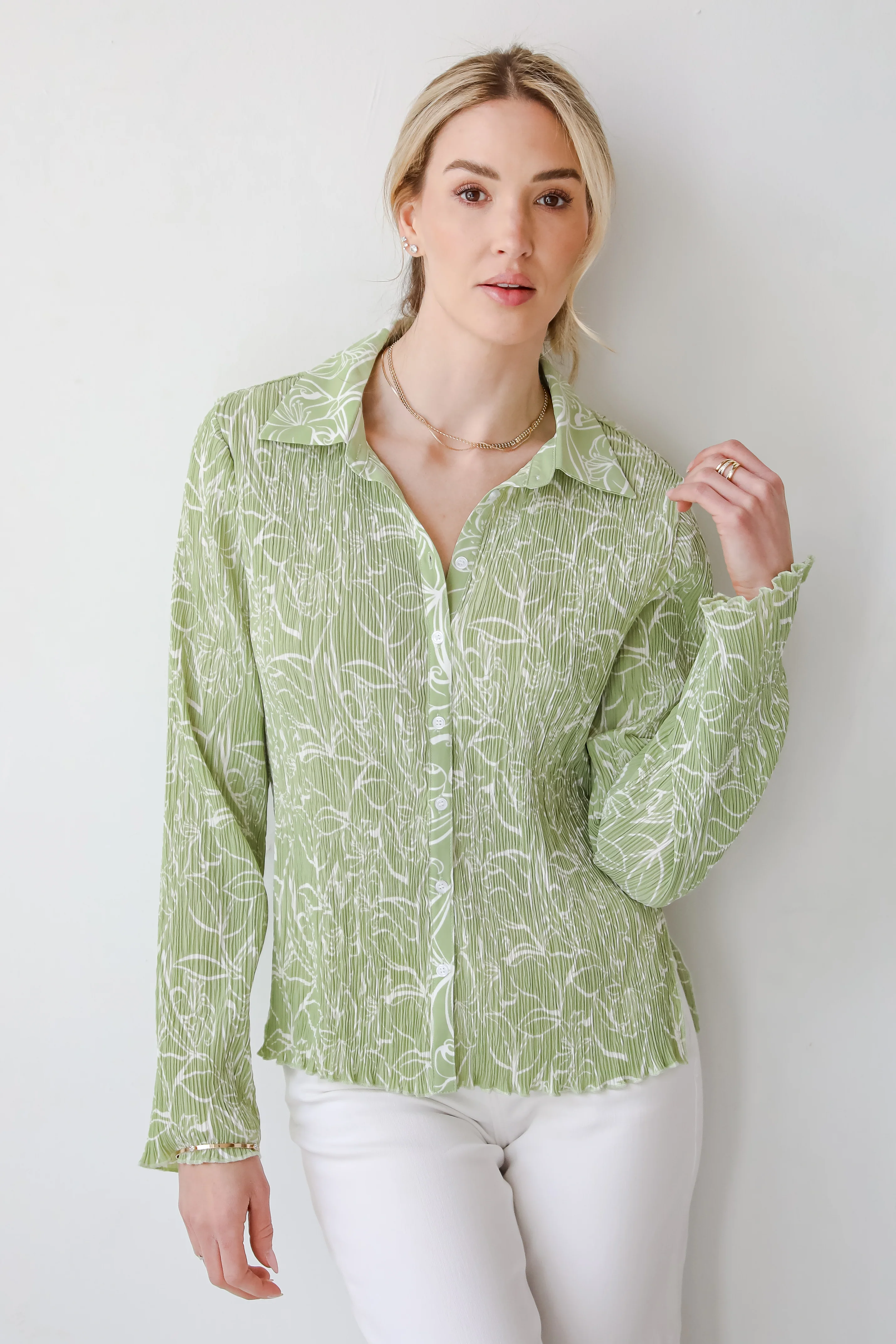 FINAL SALE - Chic Lavishness Sage Floral Plisse Button-Up Blouse