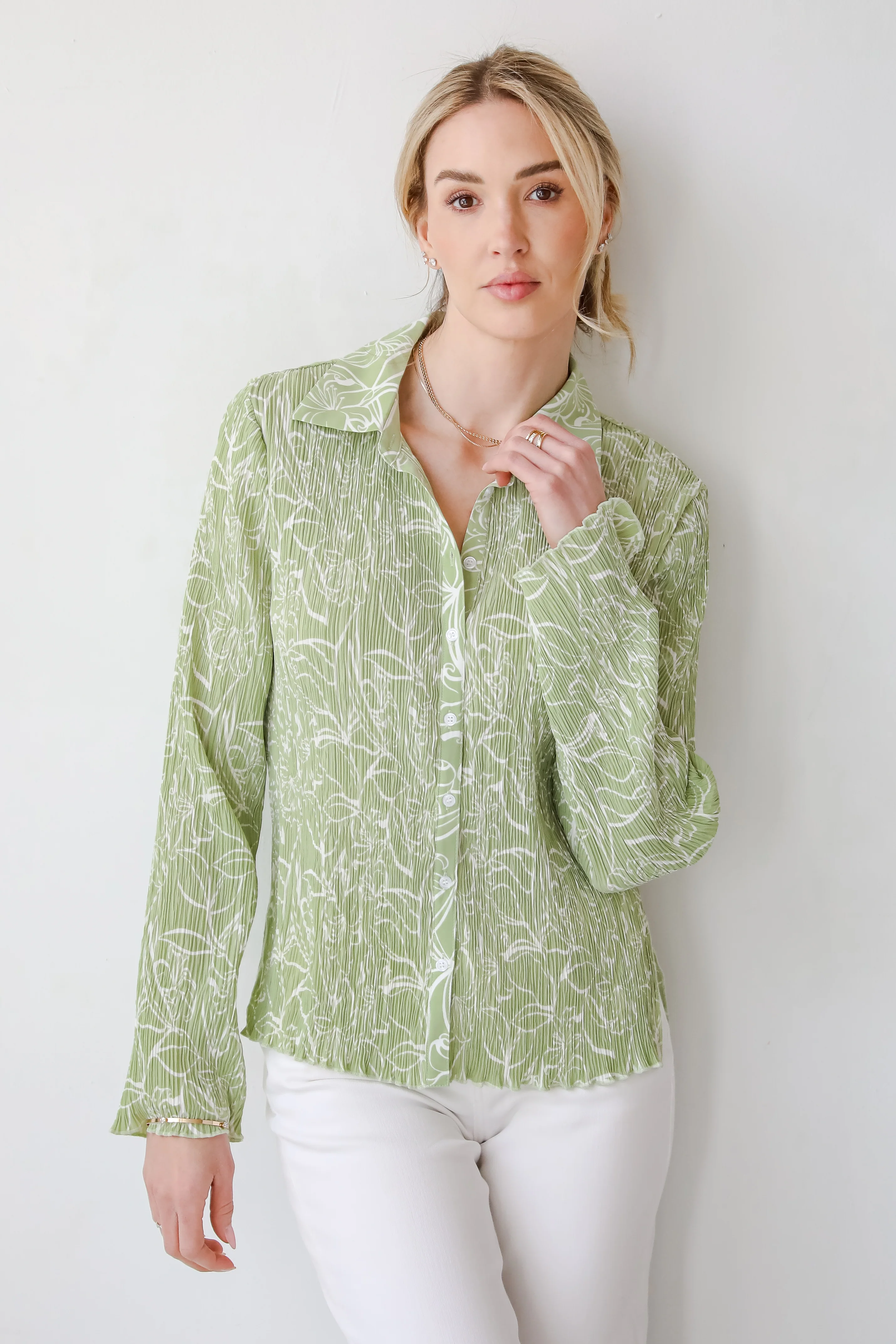 FINAL SALE - Chic Lavishness Sage Floral Plisse Button-Up Blouse 11 FINAL SALE - Chic Lavishness Sage Floral Plisse Button-Up Blouse