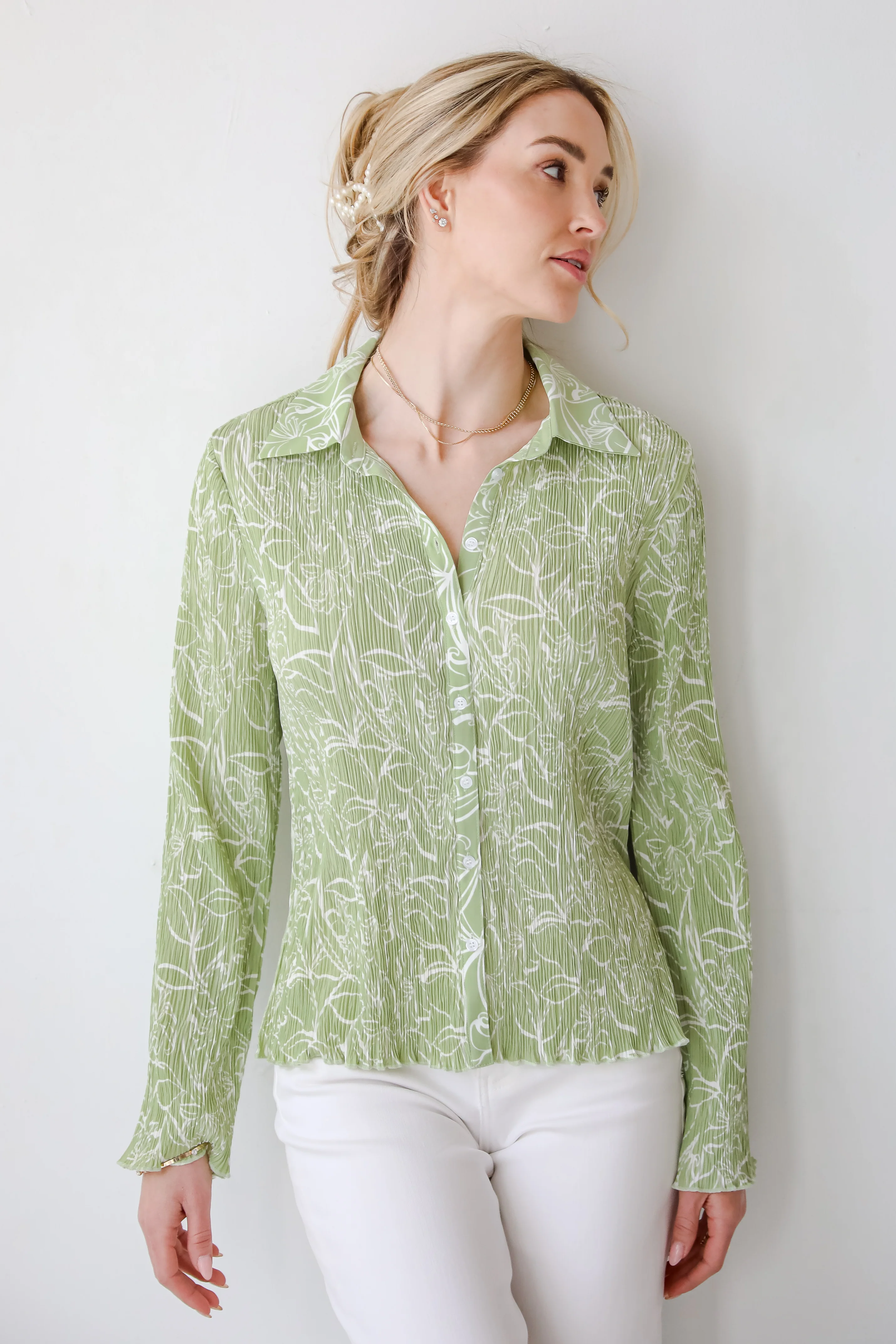 FINAL SALE - Chic Lavishness Sage Floral Plisse Button-Up Blouse 13 FINAL SALE - Chic Lavishness Sage Floral Plisse Button-Up Blouse