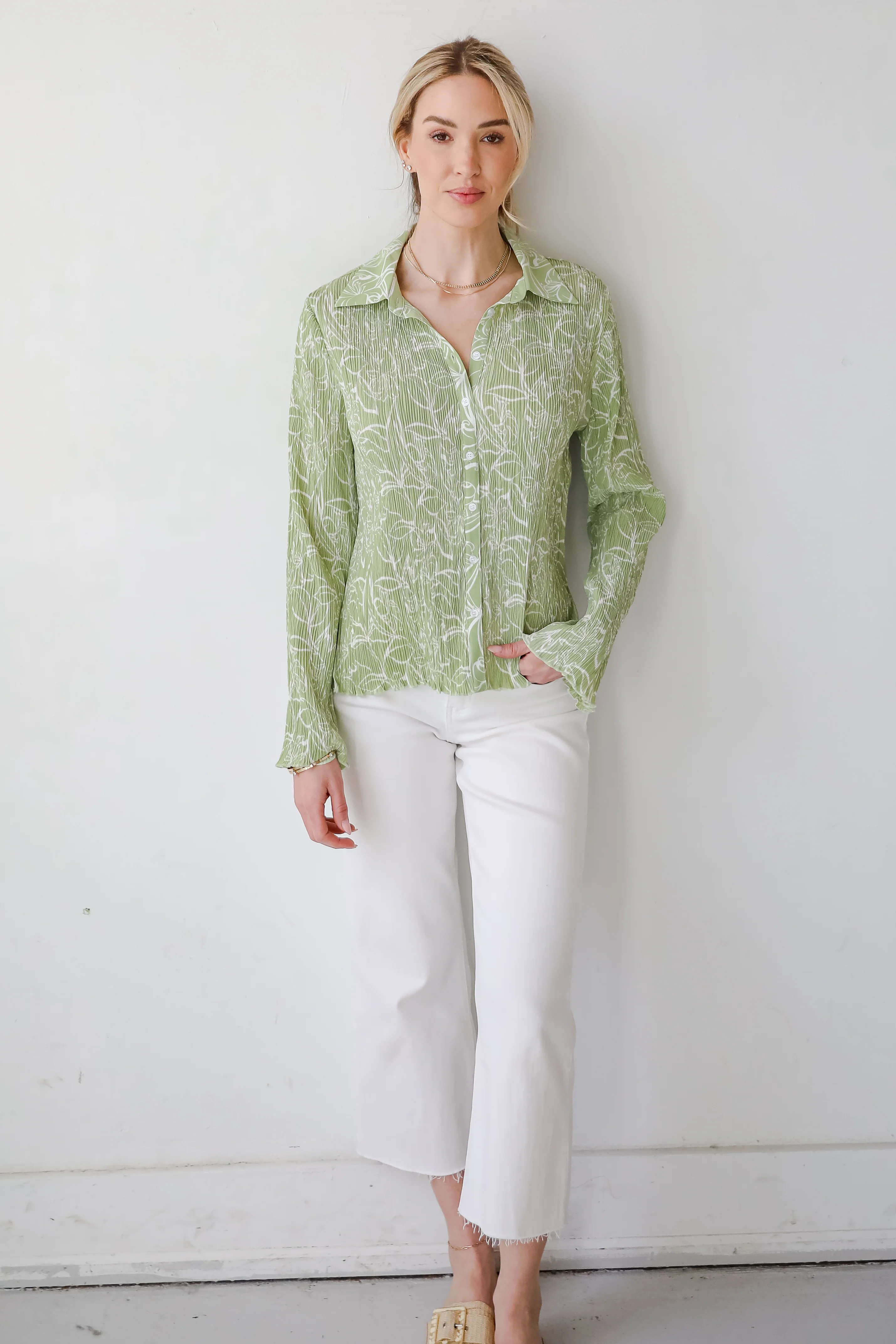 FINAL SALE - Chic Lavishness Sage Floral Plisse Button-Up Blouse 14 FINAL SALE - Chic Lavishness Sage Floral Plisse Button-Up Blouse