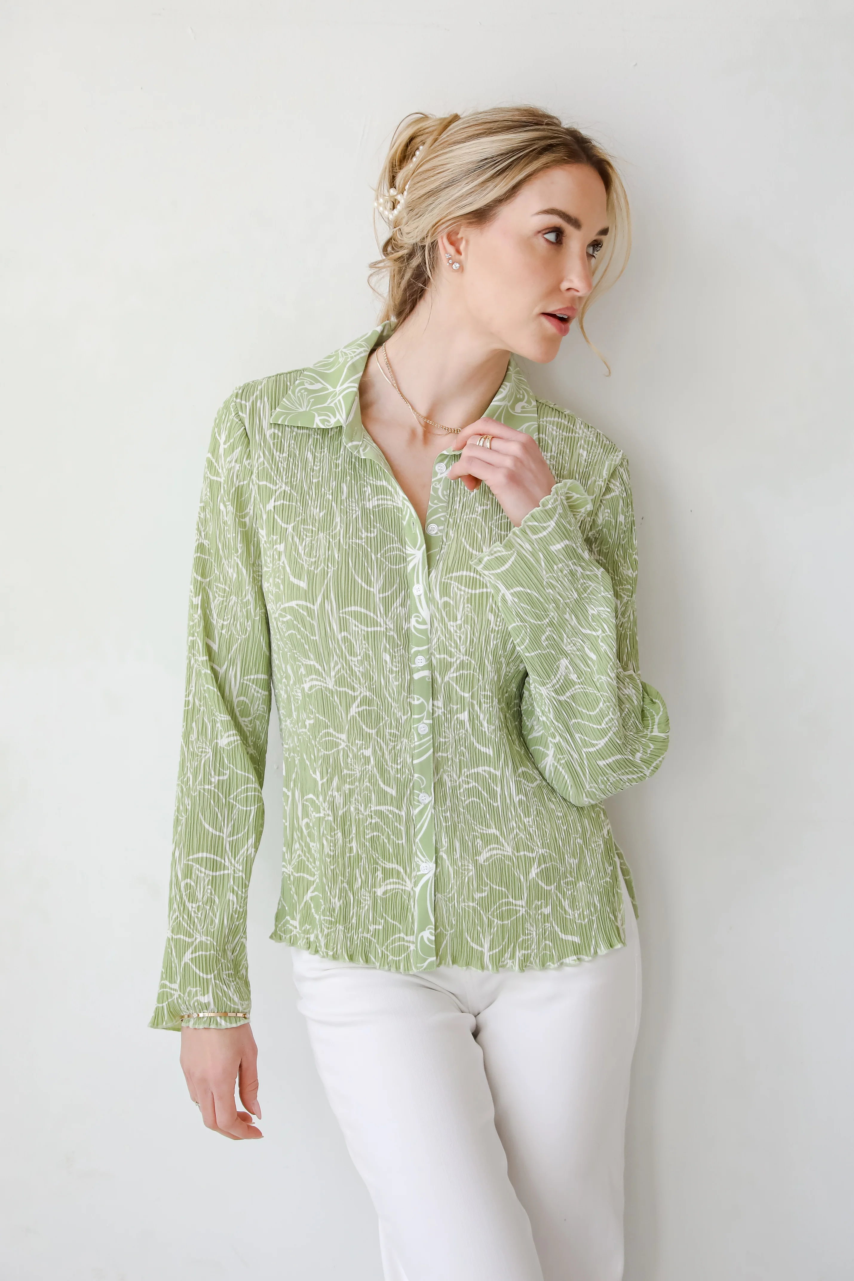 FINAL SALE - Chic Lavishness Sage Floral Plisse Button-Up Blouse 15 FINAL SALE - Chic Lavishness Sage Floral Plisse Button-Up Blouse
