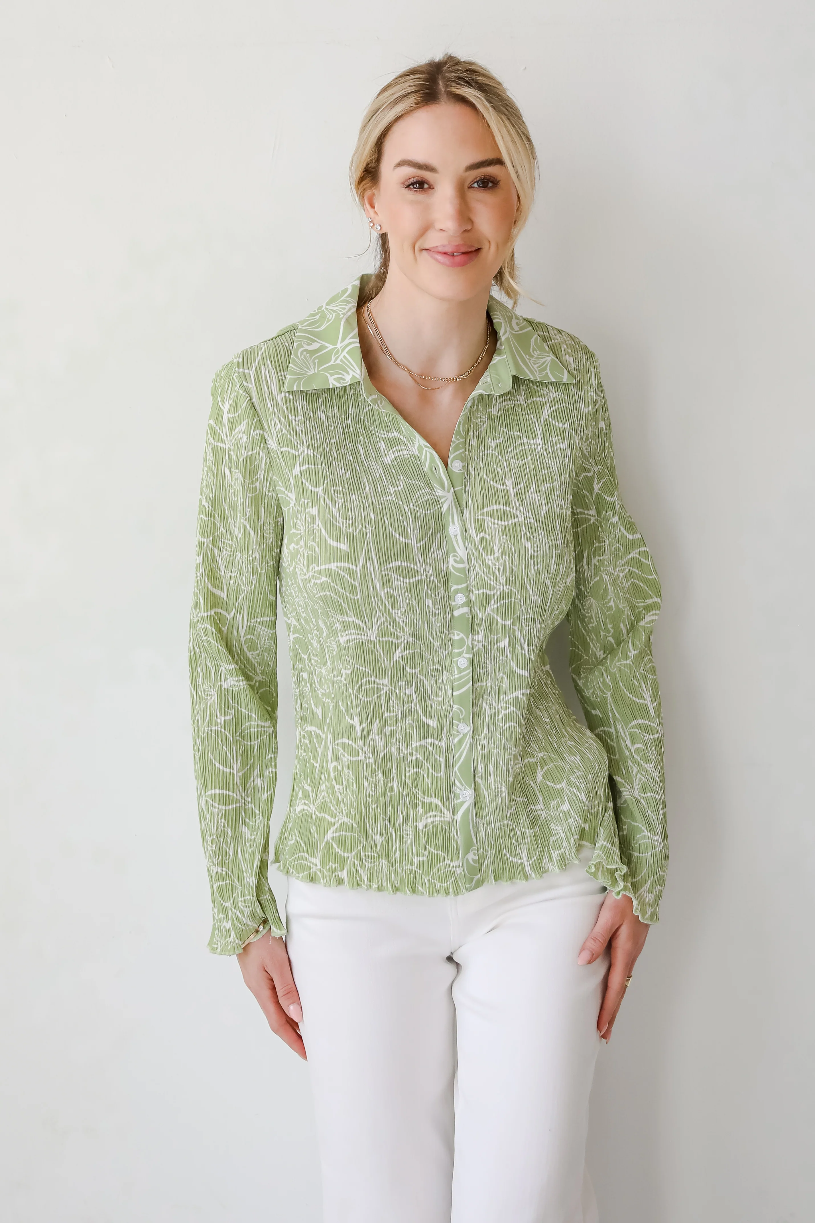 FINAL SALE - Chic Lavishness Sage Floral Plisse Button-Up Blouse 16 FINAL SALE - Chic Lavishness Sage Floral Plisse Button-Up Blouse