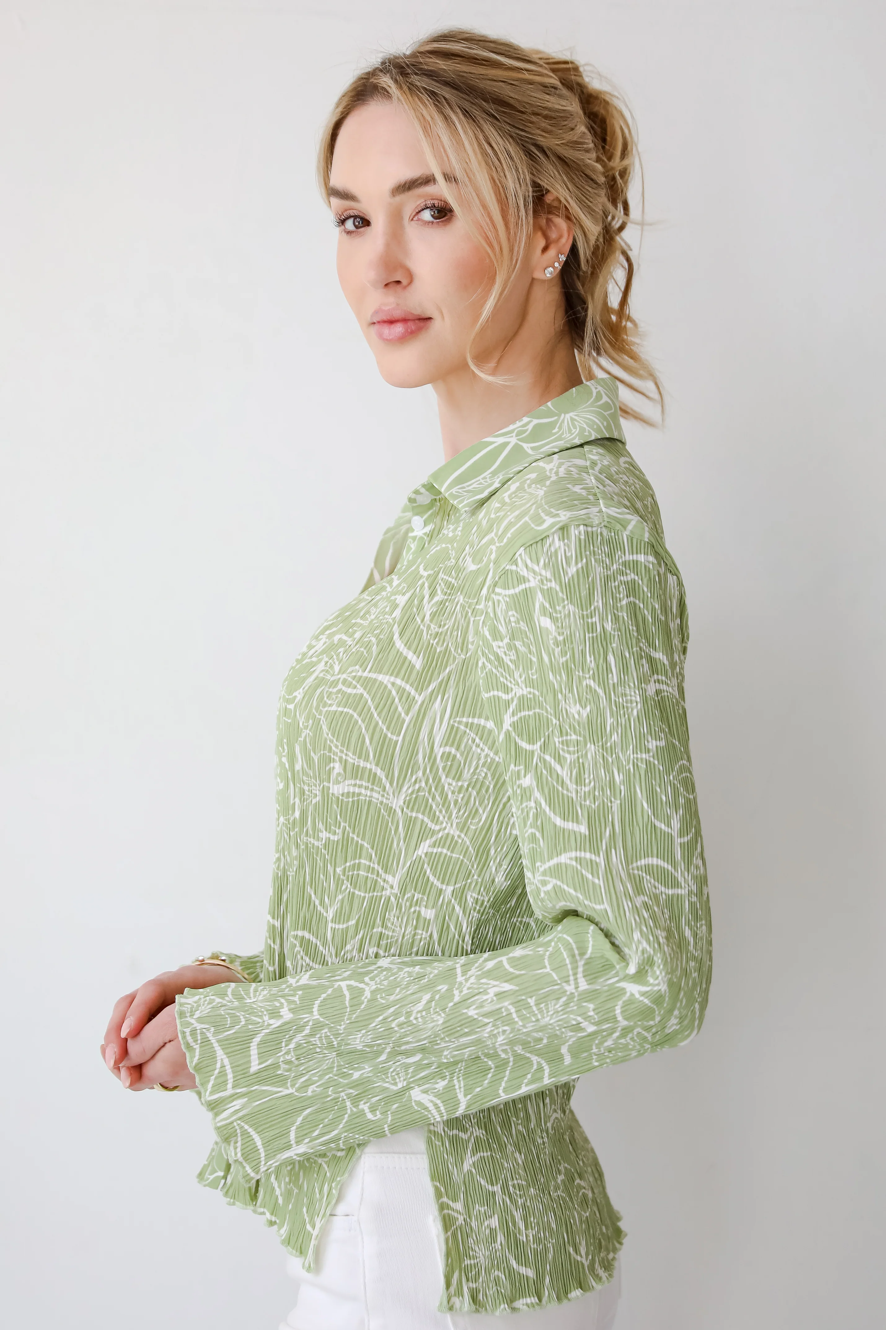 FINAL SALE - Chic Lavishness Sage Floral Plisse Button-Up Blouse