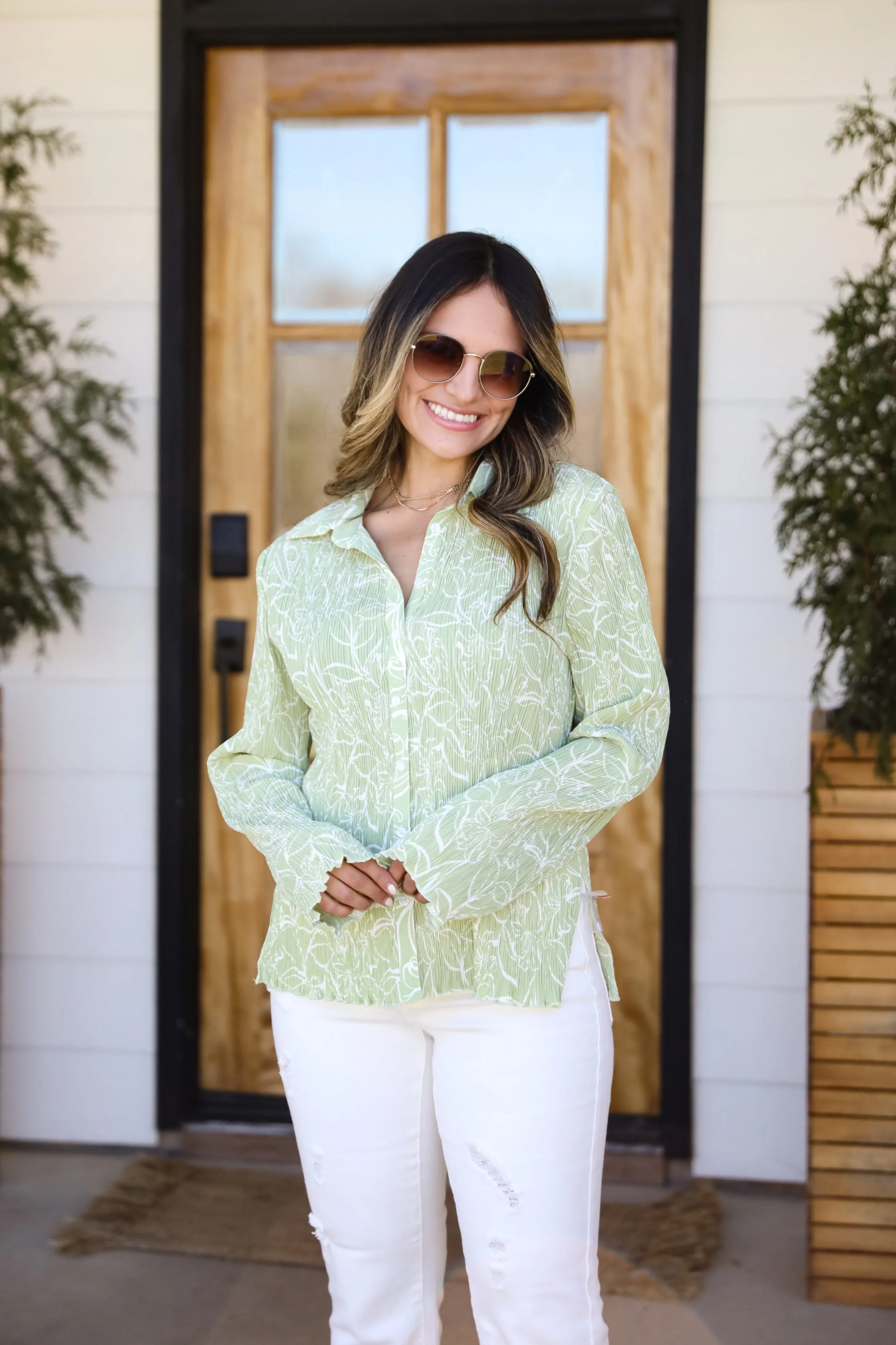 FINAL SALE - Chic Lavishness Sage Floral Plisse Button-Up Blouse 3 FINAL SALE - Chic Lavishness Sage Floral Plisse Button-Up Blouse