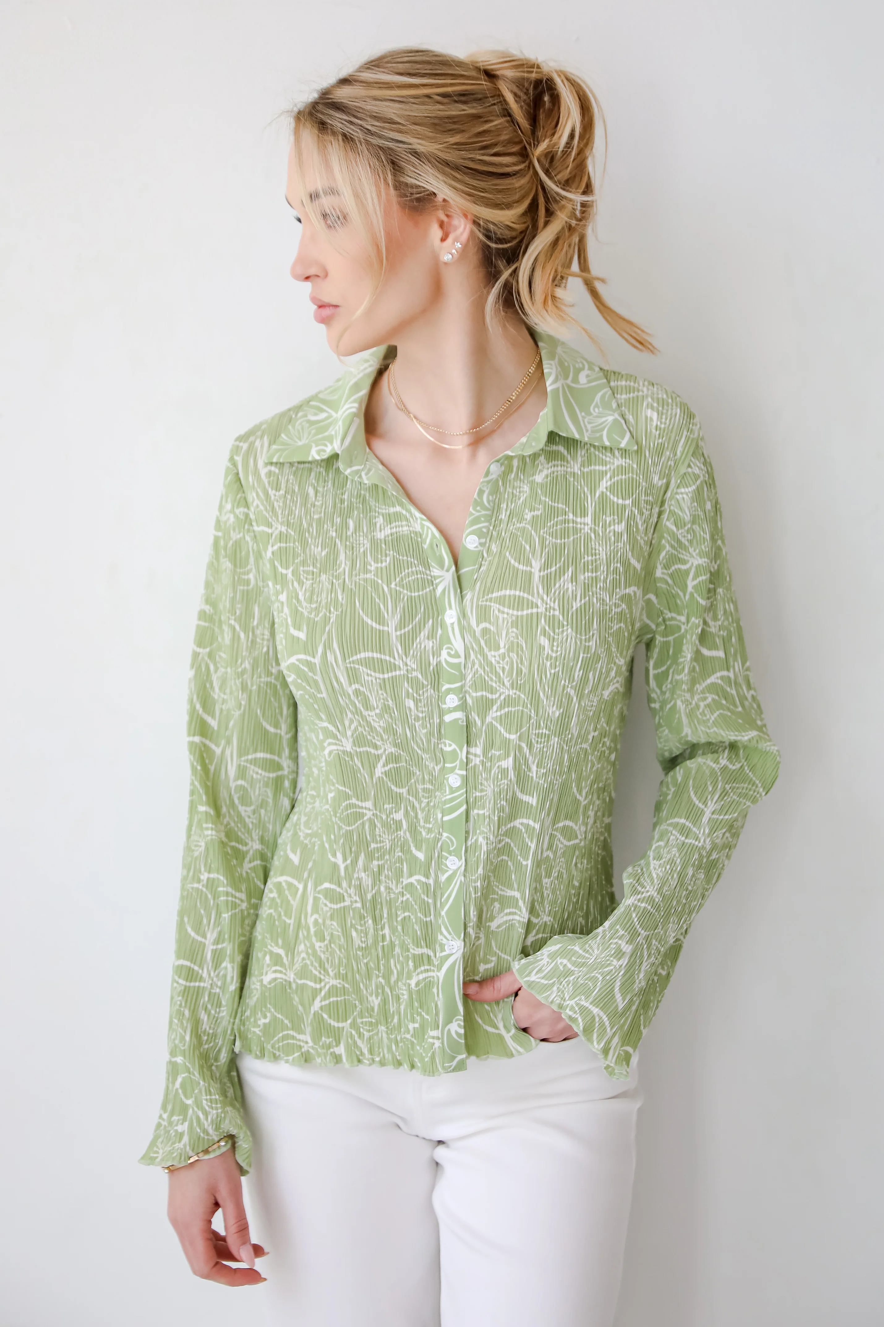 FINAL SALE - Chic Lavishness Sage Floral Plisse Button-Up Blouse 6 FINAL SALE - Chic Lavishness Sage Floral Plisse Button-Up Blouse