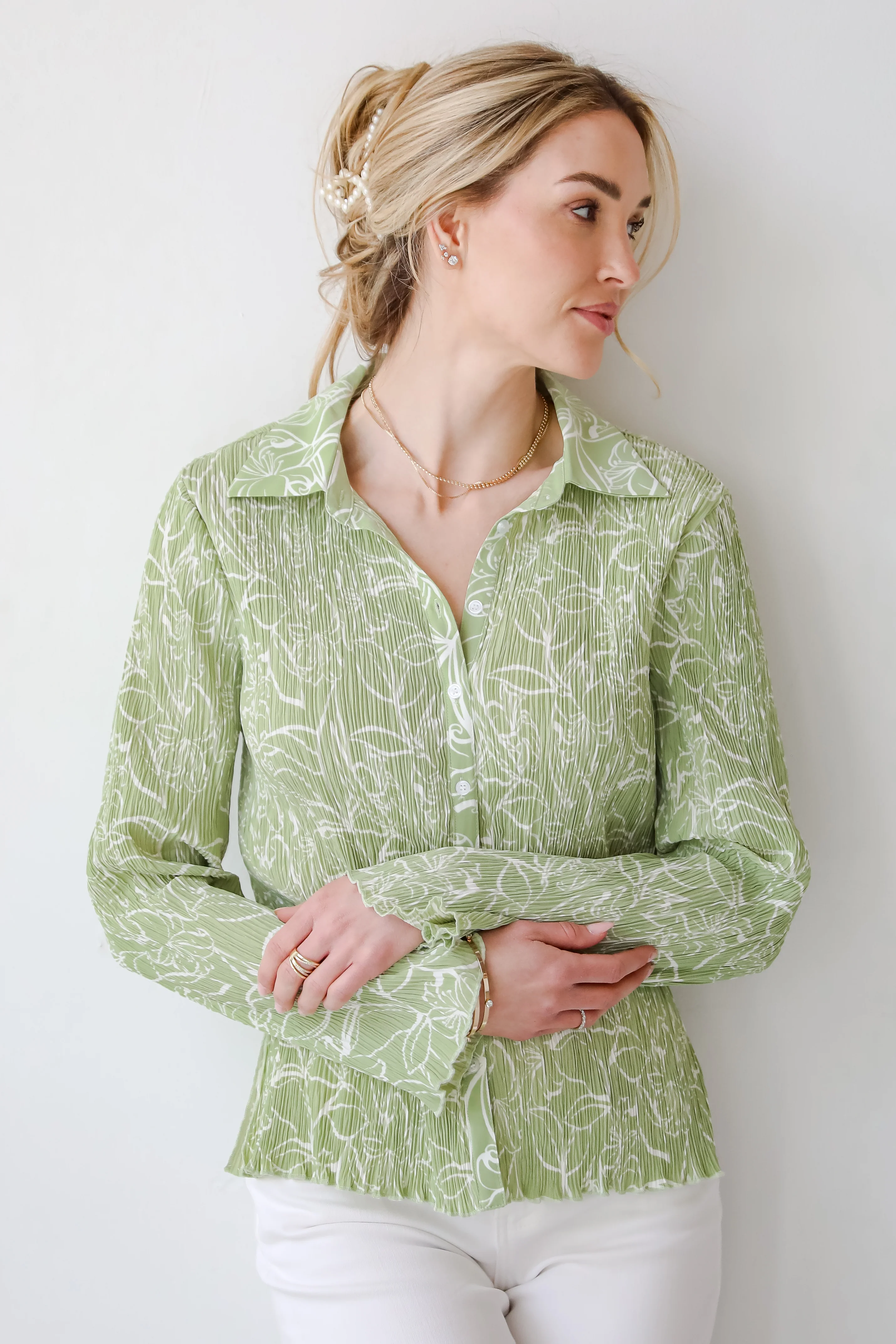 FINAL SALE - Chic Lavishness Sage Floral Plisse Button-Up Blouse 7 FINAL SALE - Chic Lavishness Sage Floral Plisse Button-Up Blouse