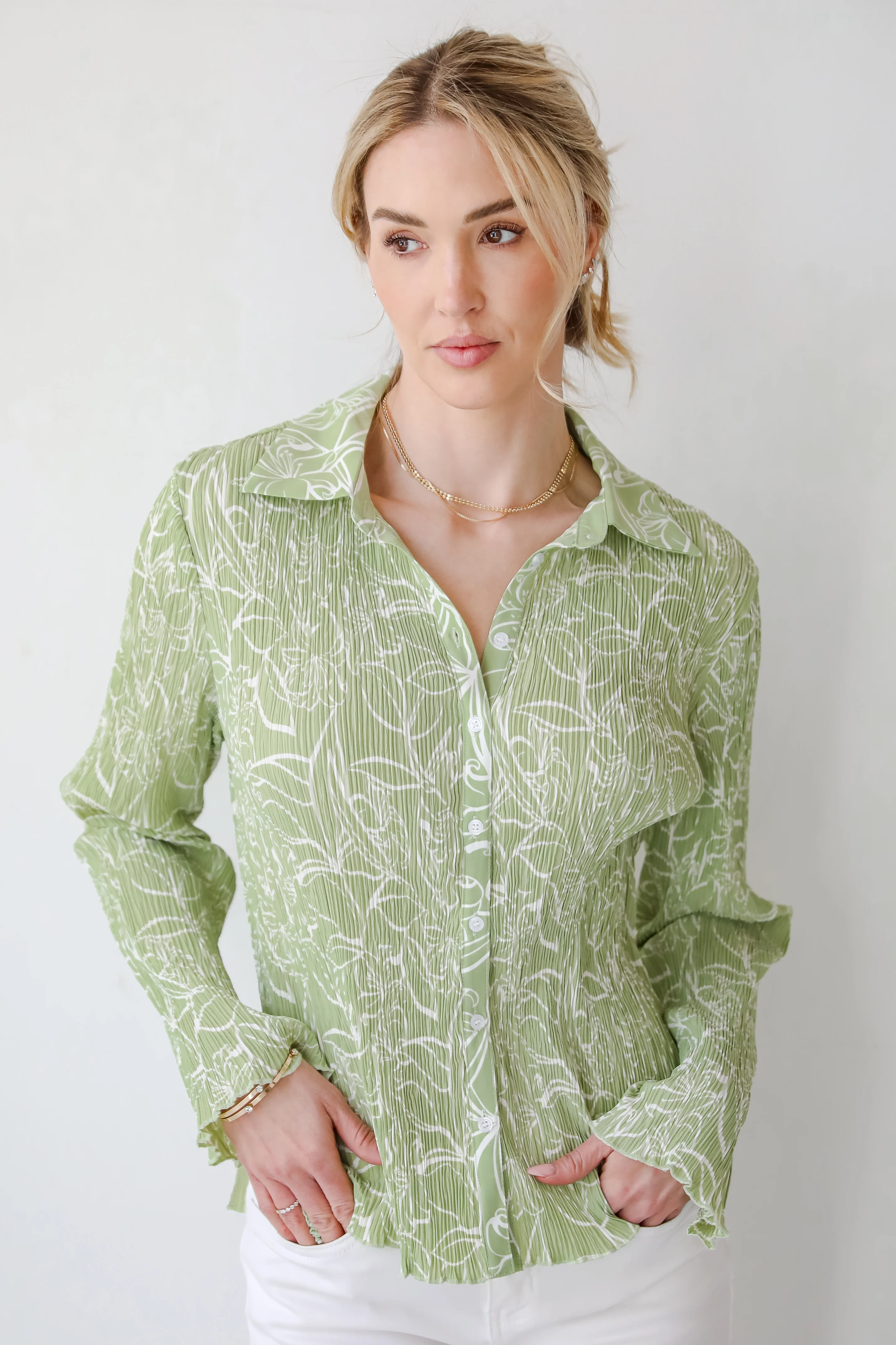FINAL SALE - Chic Lavishness Sage Floral Plisse Button-Up Blouse 8 FINAL SALE - Chic Lavishness Sage Floral Plisse Button-Up Blouse