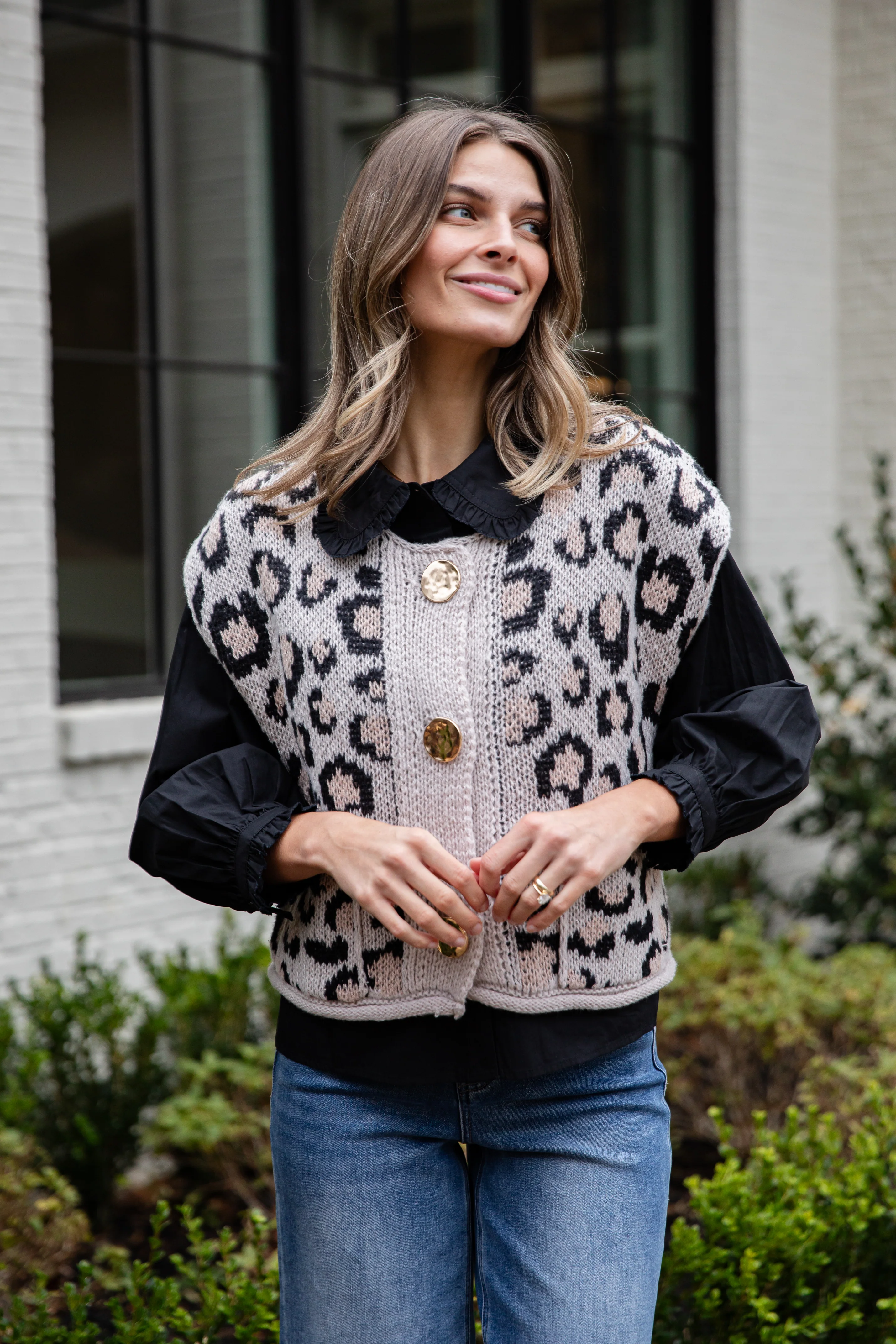 Neutral Instinct Leopard Button Front Knit Vest