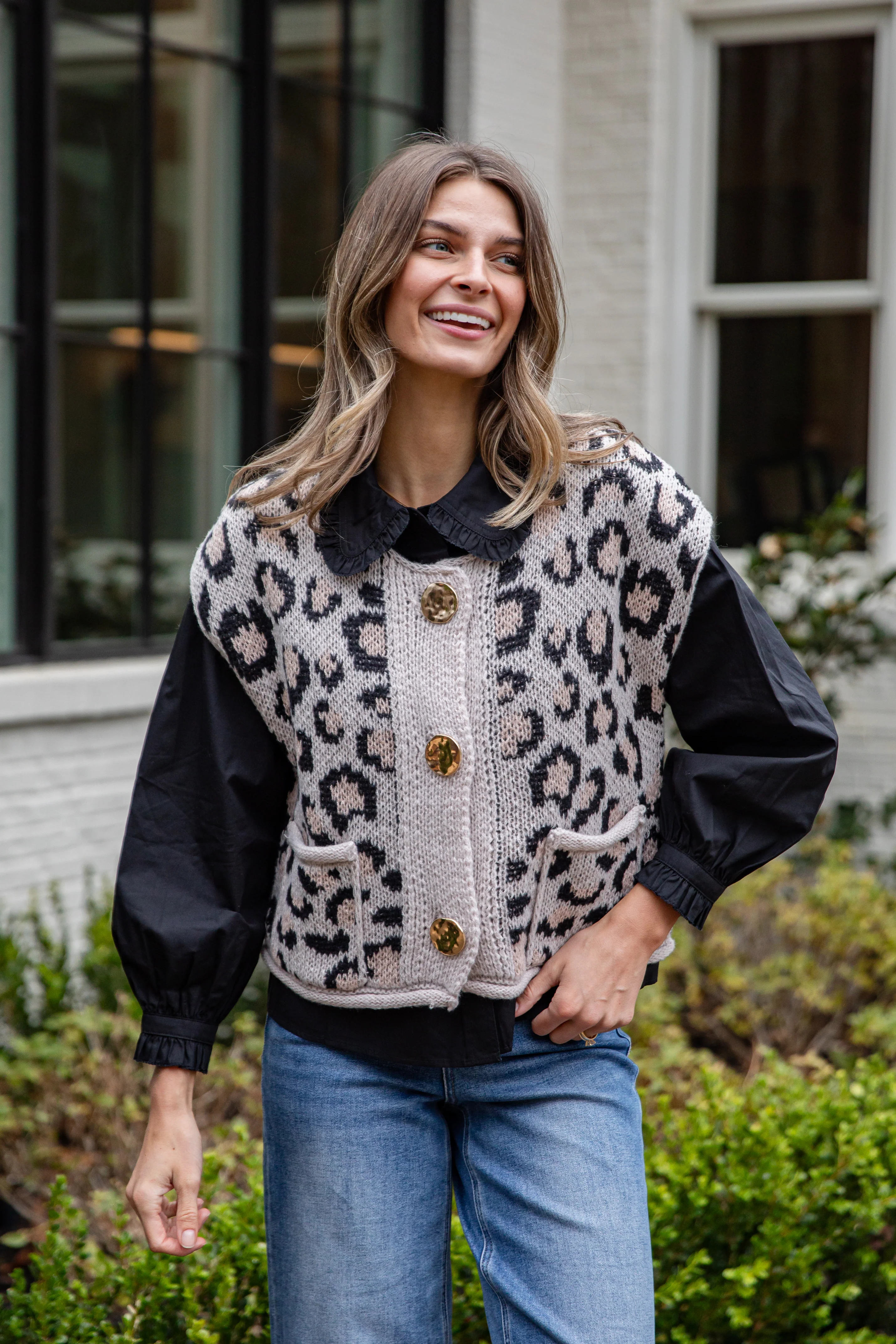 Neutral Instinct Leopard Button Front Knit Vest