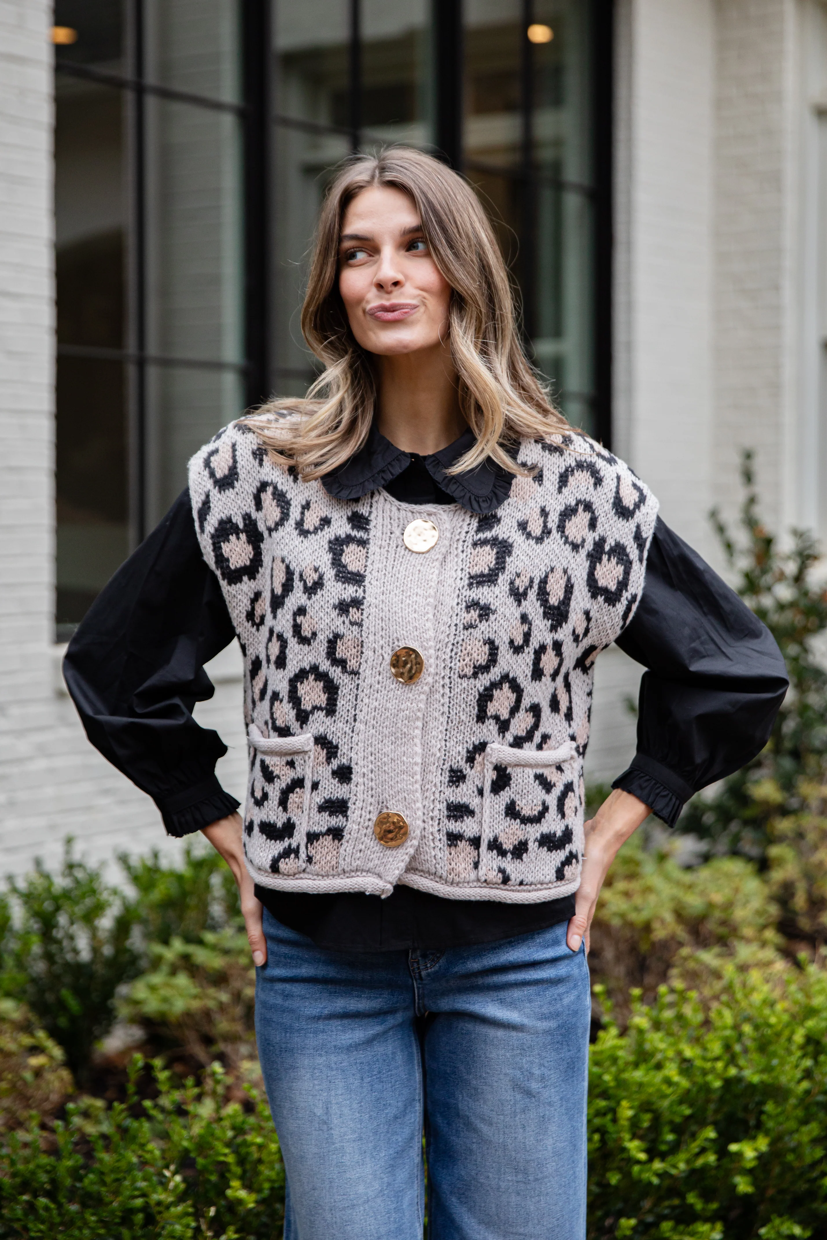 Neutral Instinct Leopard Button Front Knit Vest