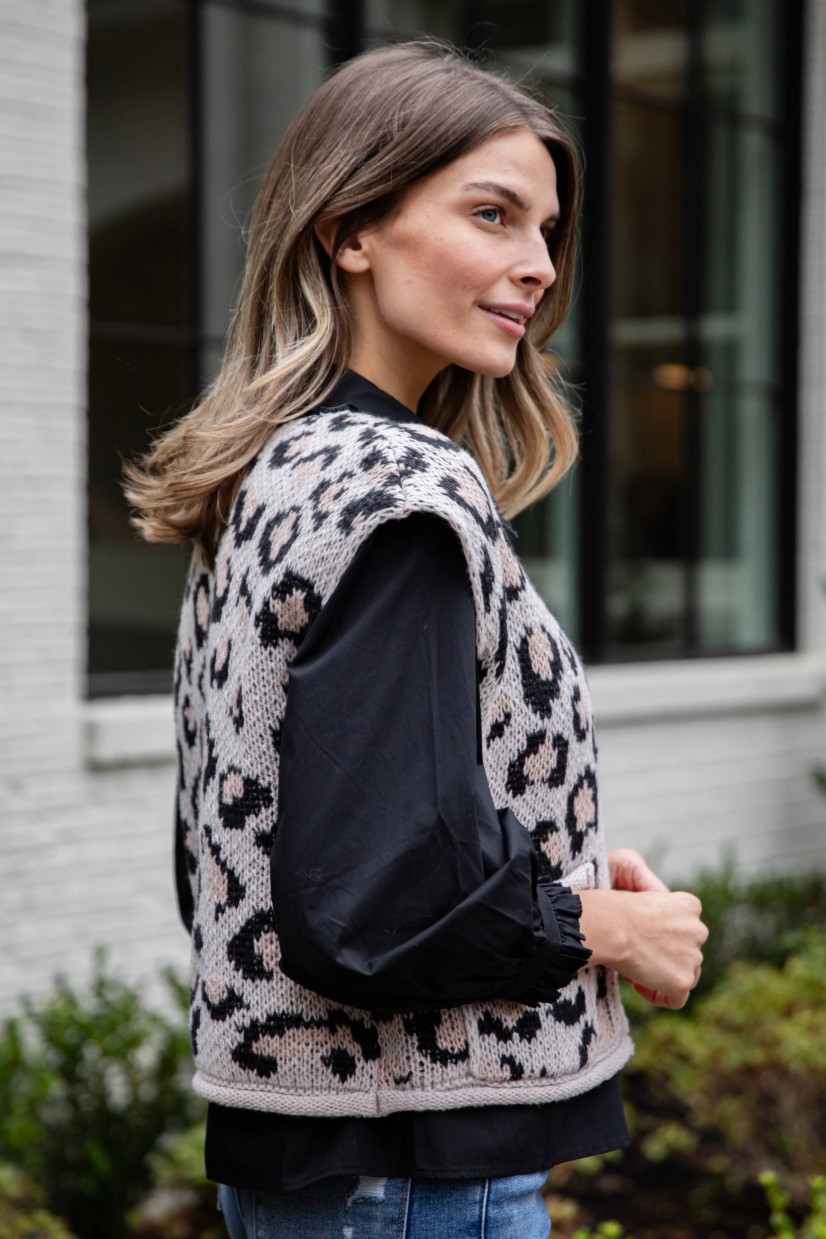 Neutral Instinct Leopard Button Front Knit Vest