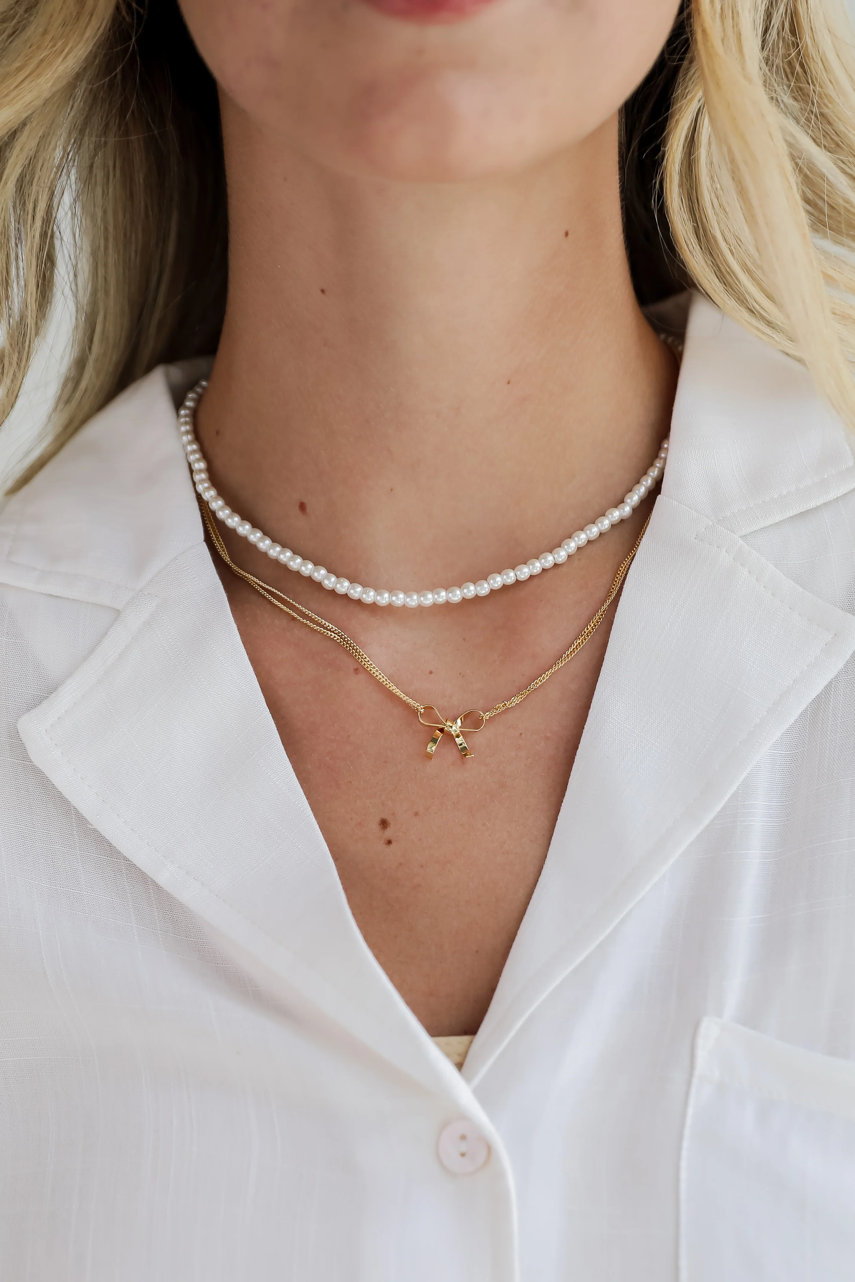 FINAL SALE - Allison Gold Pearl Bow Charm Layered Necklace