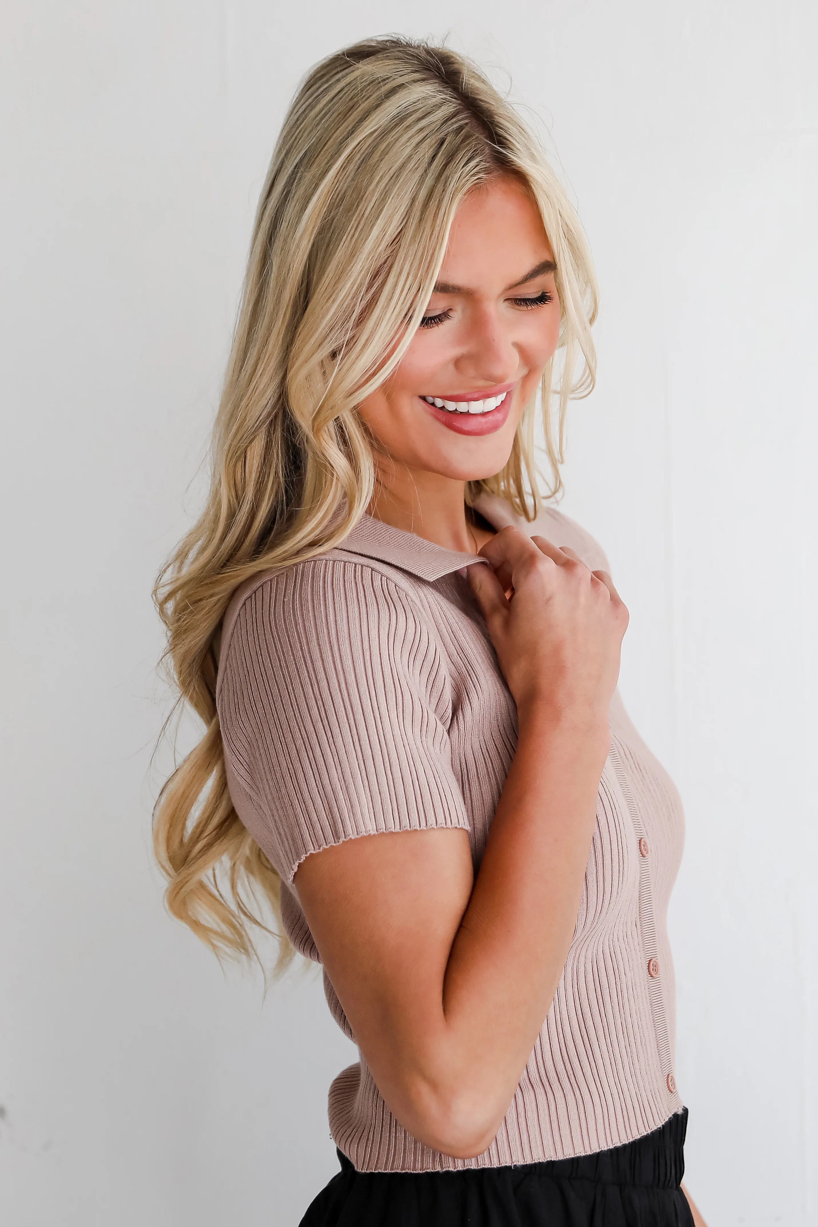 FINAL SALE - Breezy Finesse Tan Ribbed Knit Collared Top - DU DEAL 4 FINAL SALE - Breezy Finesse Tan Ribbed Knit Collared Top - DU DEAL