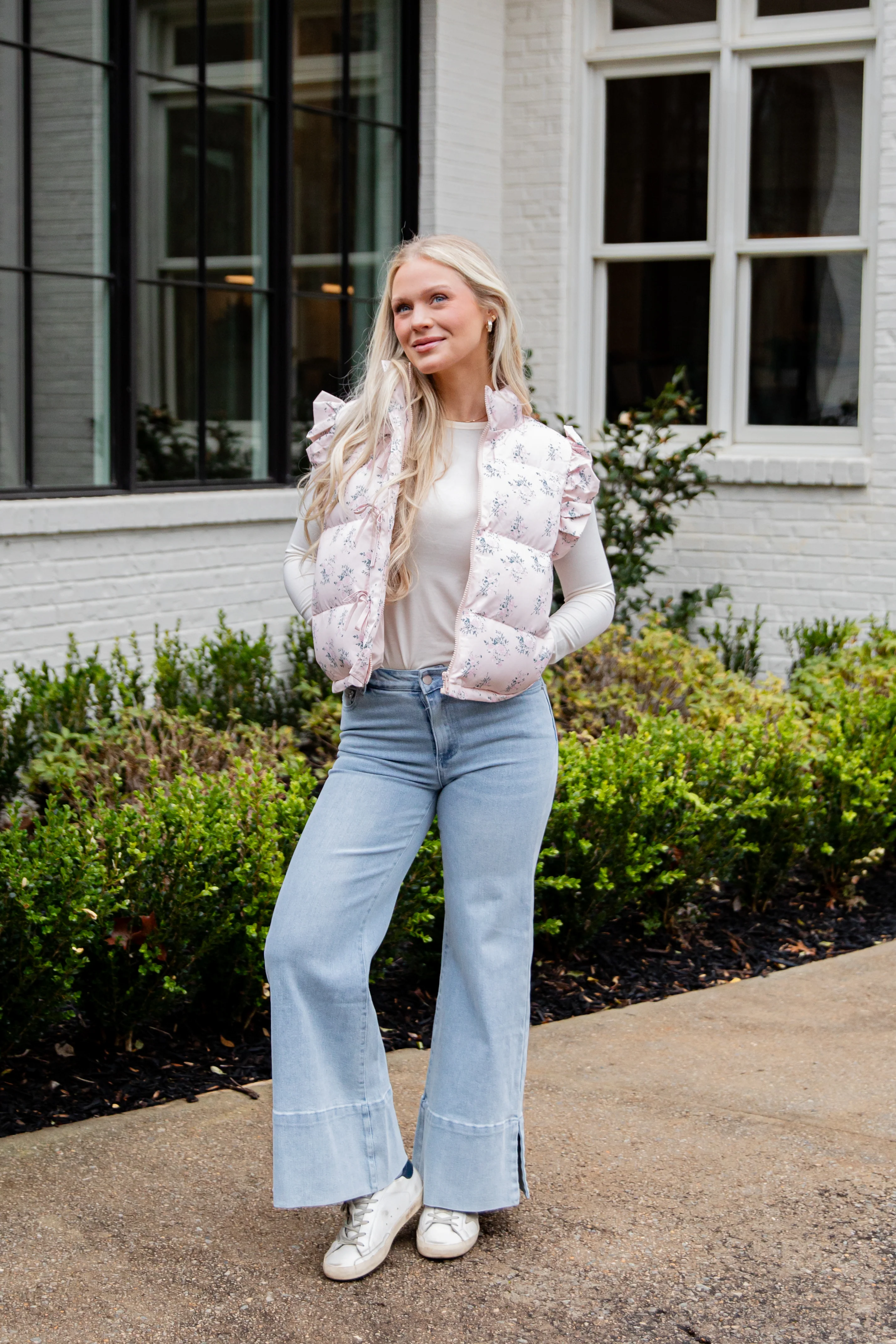 Blush Floral Ruffle Puffer Vest