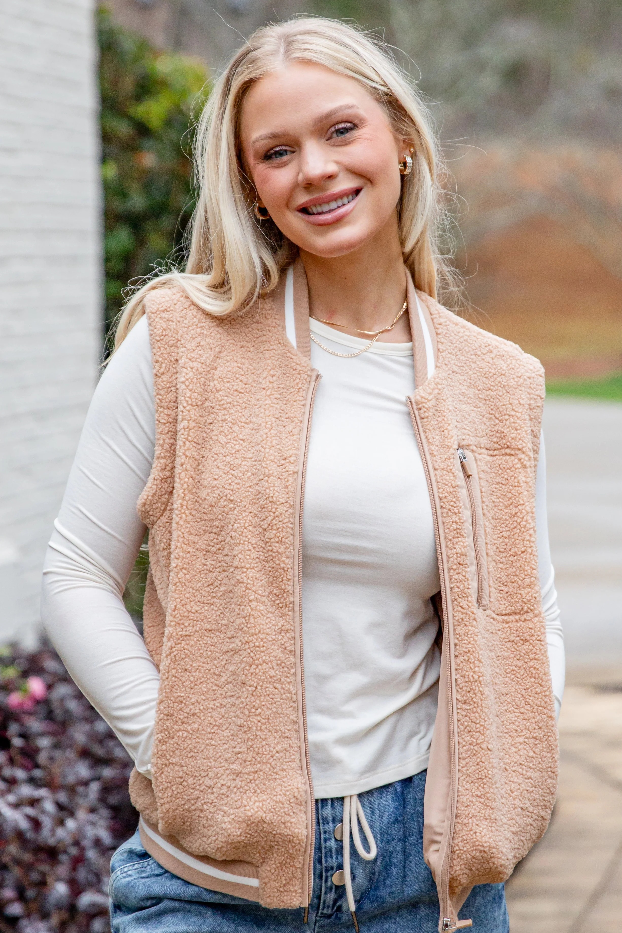 Warm Intent Taupe Sherpa Zip Vest