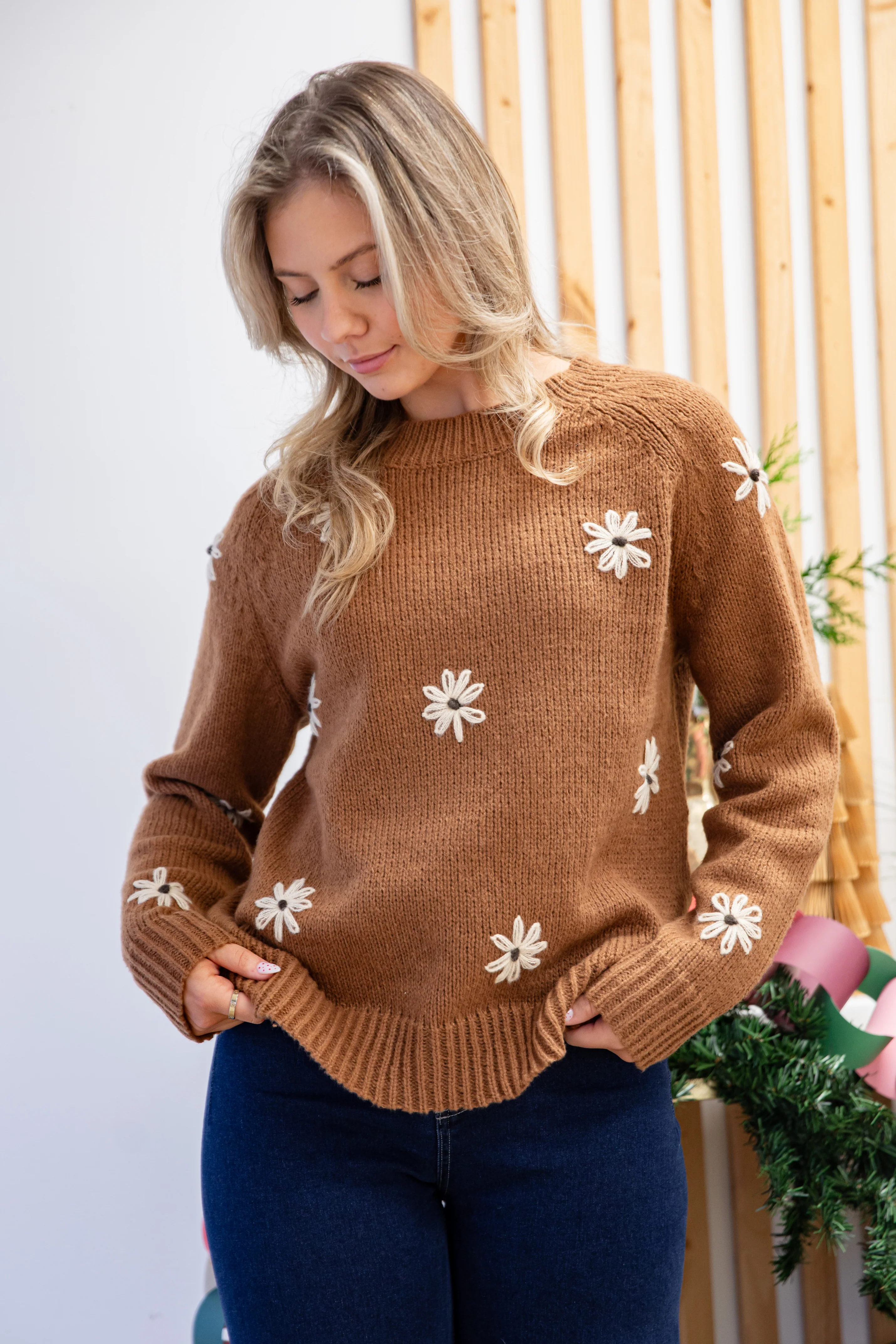 Sweet Meadow Floral Knit Brown Sweater