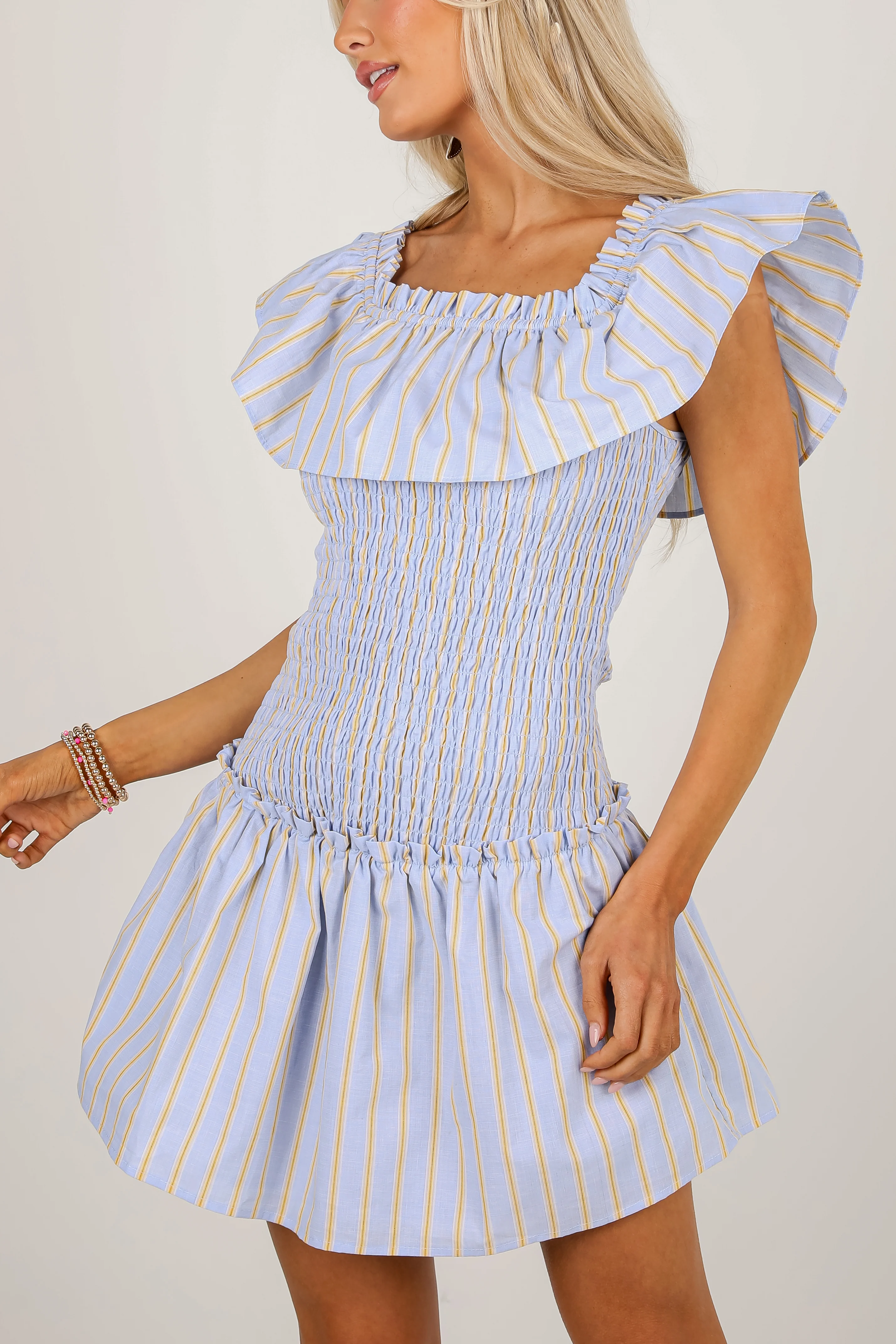FINAL SALE - Blissful Love Light Blue Striped Smocked Mini Dress