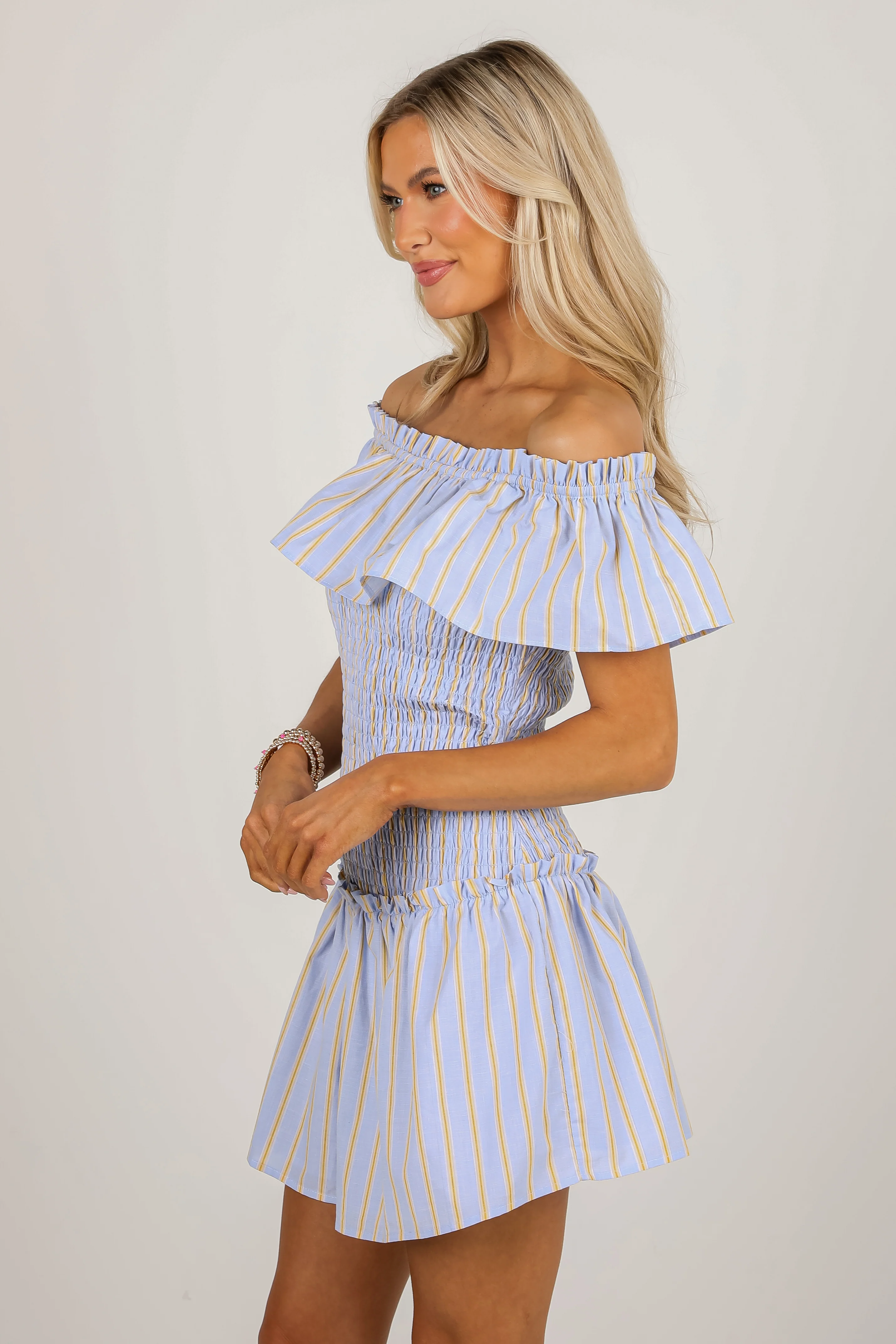 FINAL SALE - Blissful Love Light Blue Striped Smocked Mini Dress