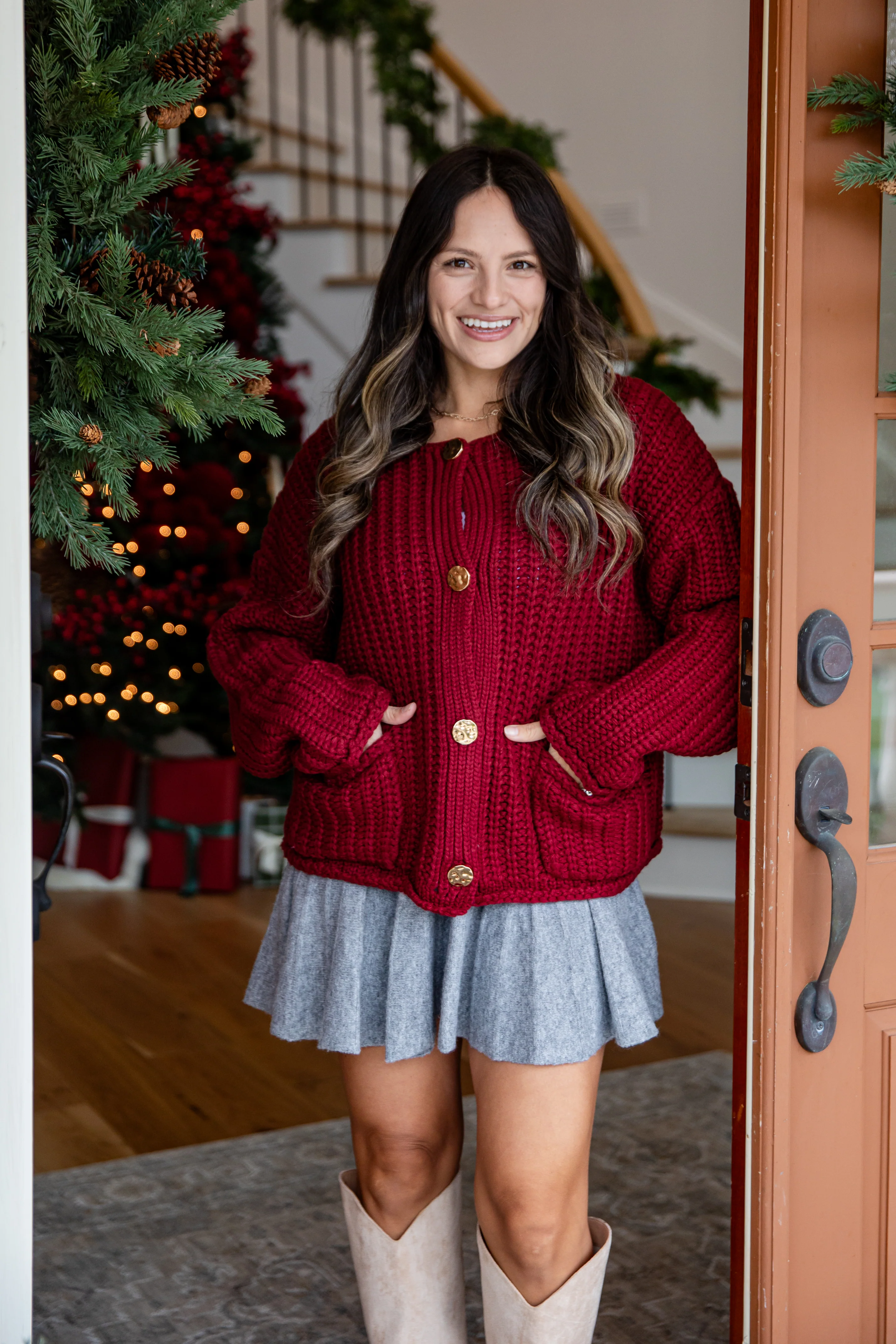 Bordeaux Burgundy Buttoned Knit Cardigan