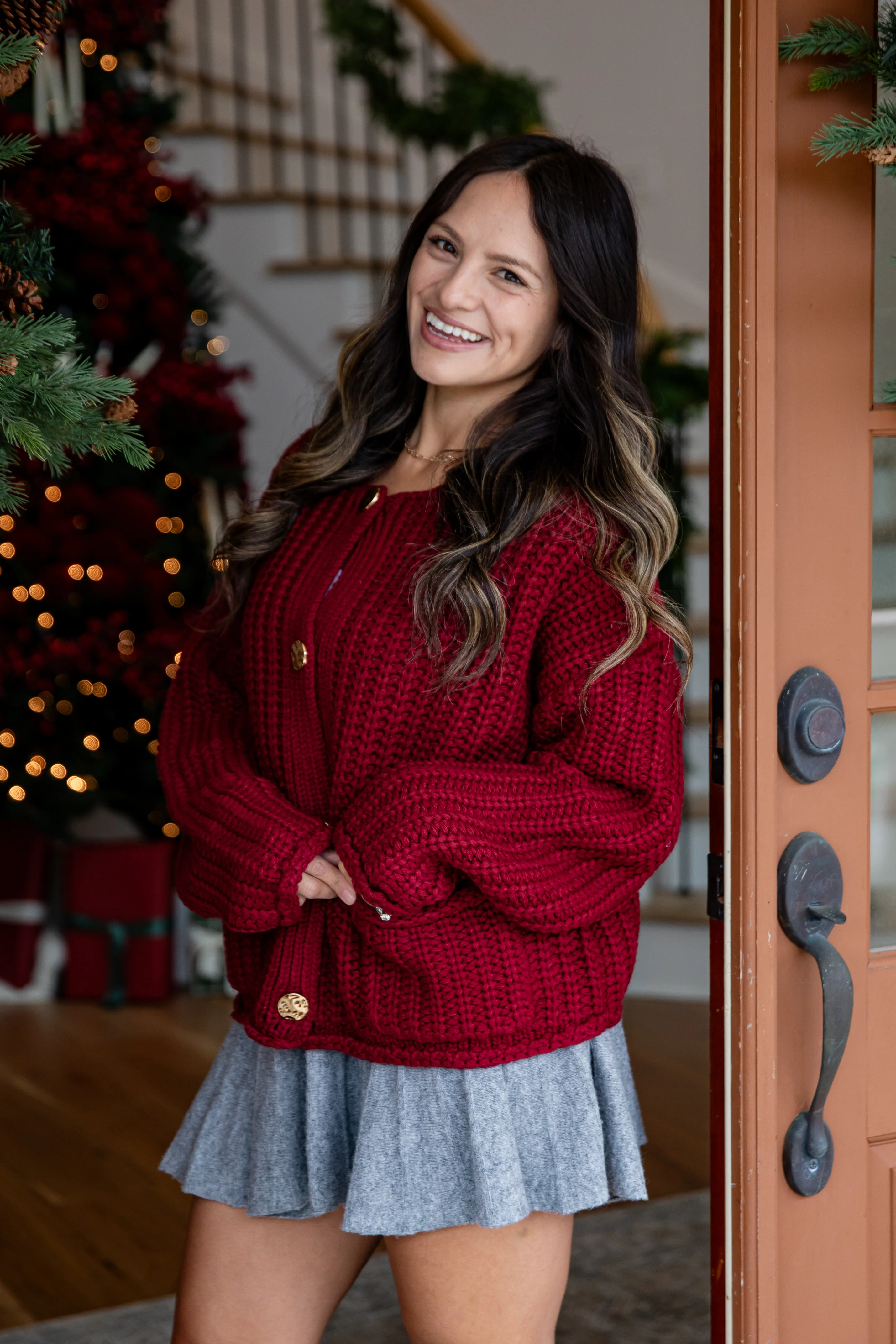 Bordeaux Burgundy Buttoned Knit Cardigan