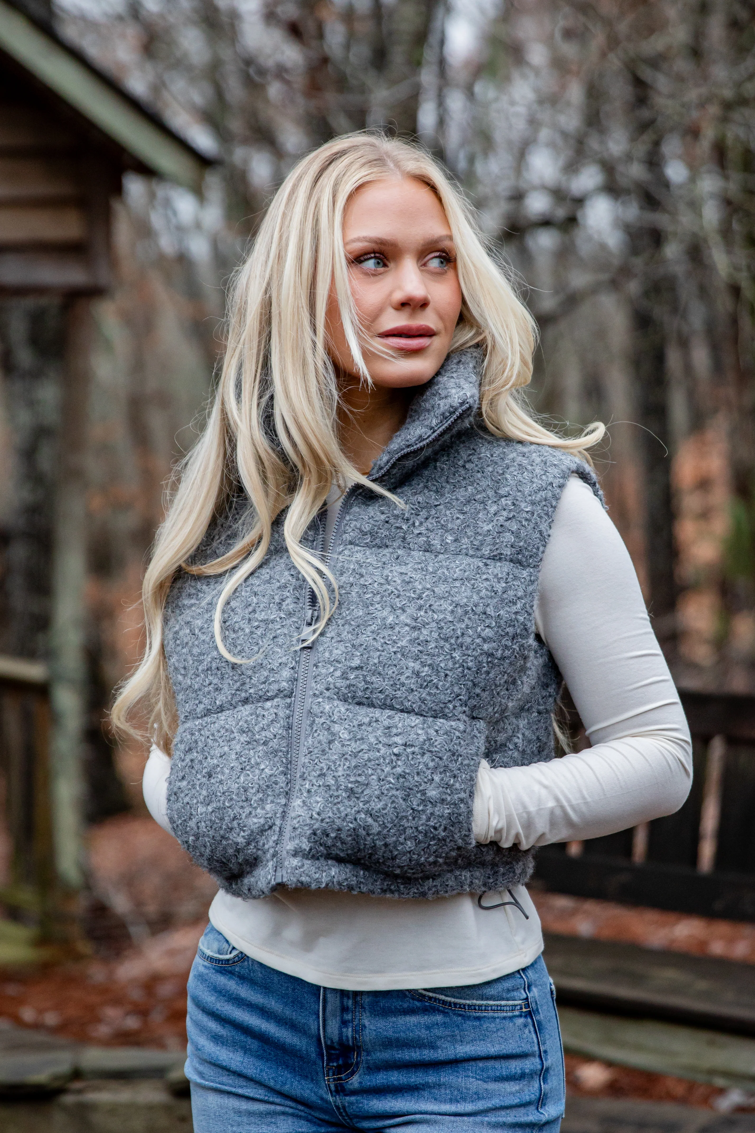 Driftwood Grey Teddy Puffer Vest