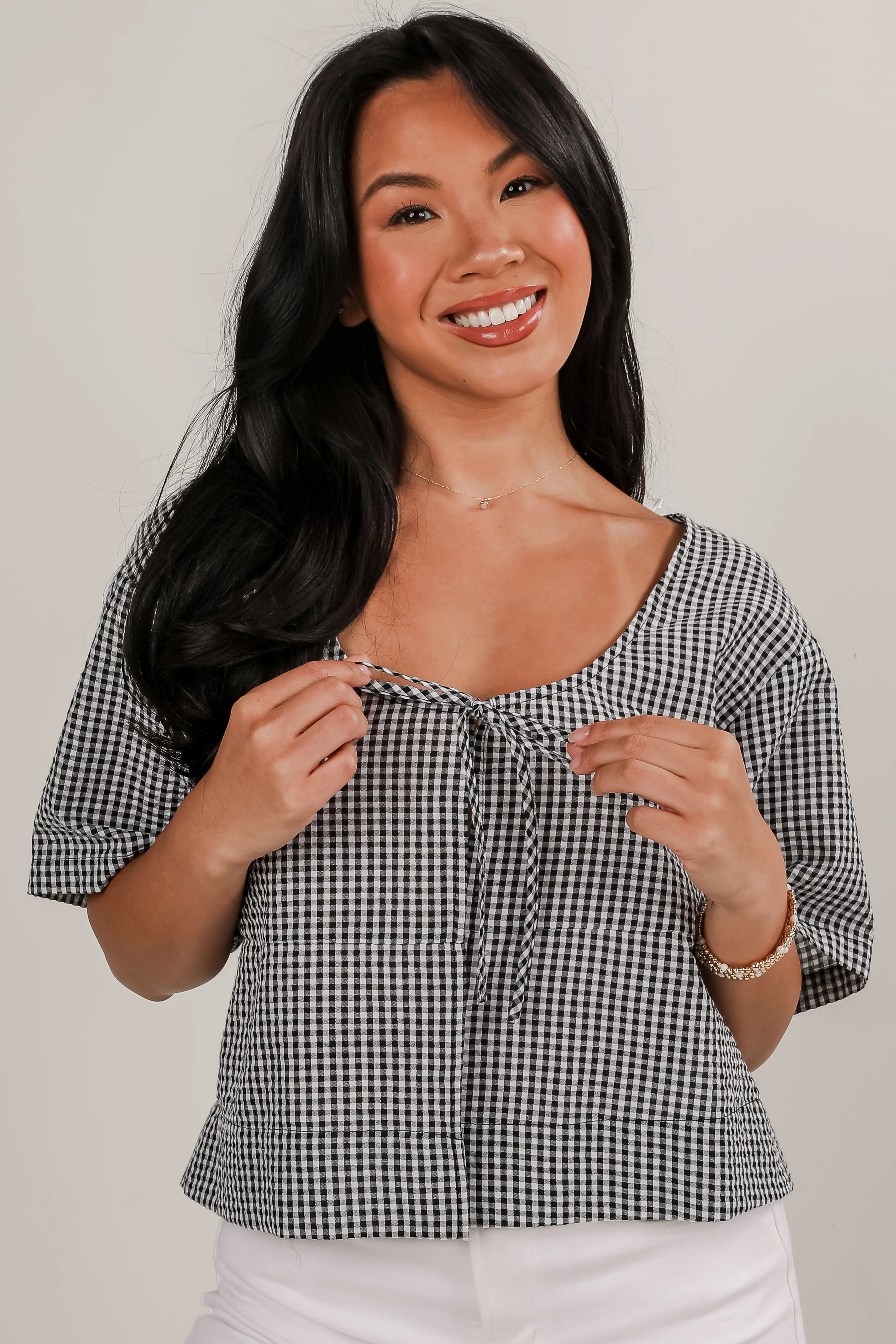 FINAL SALE - Be My Muse Black Gingham Tie Top - DU DEAL