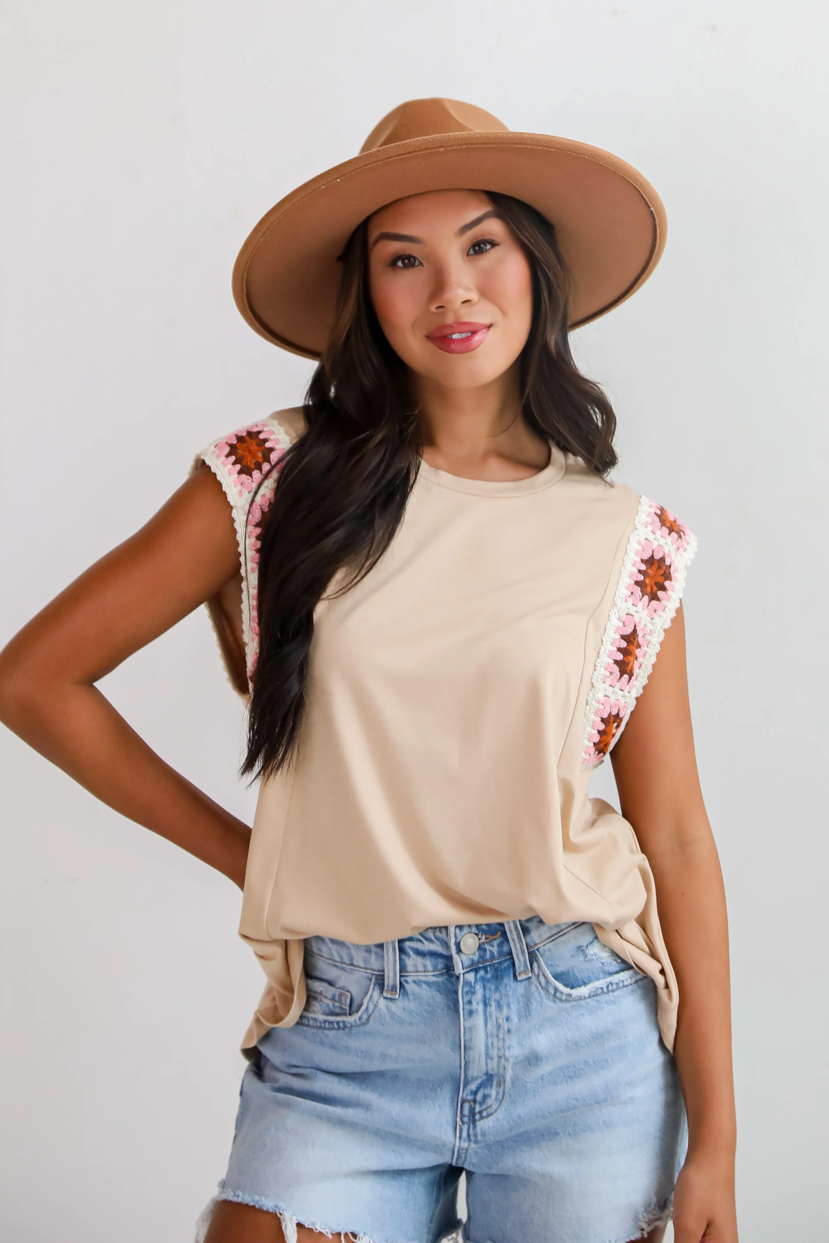 FINAL SALE - Adored Cutie Mocha Crochet Sleeve Top - DU DEAL