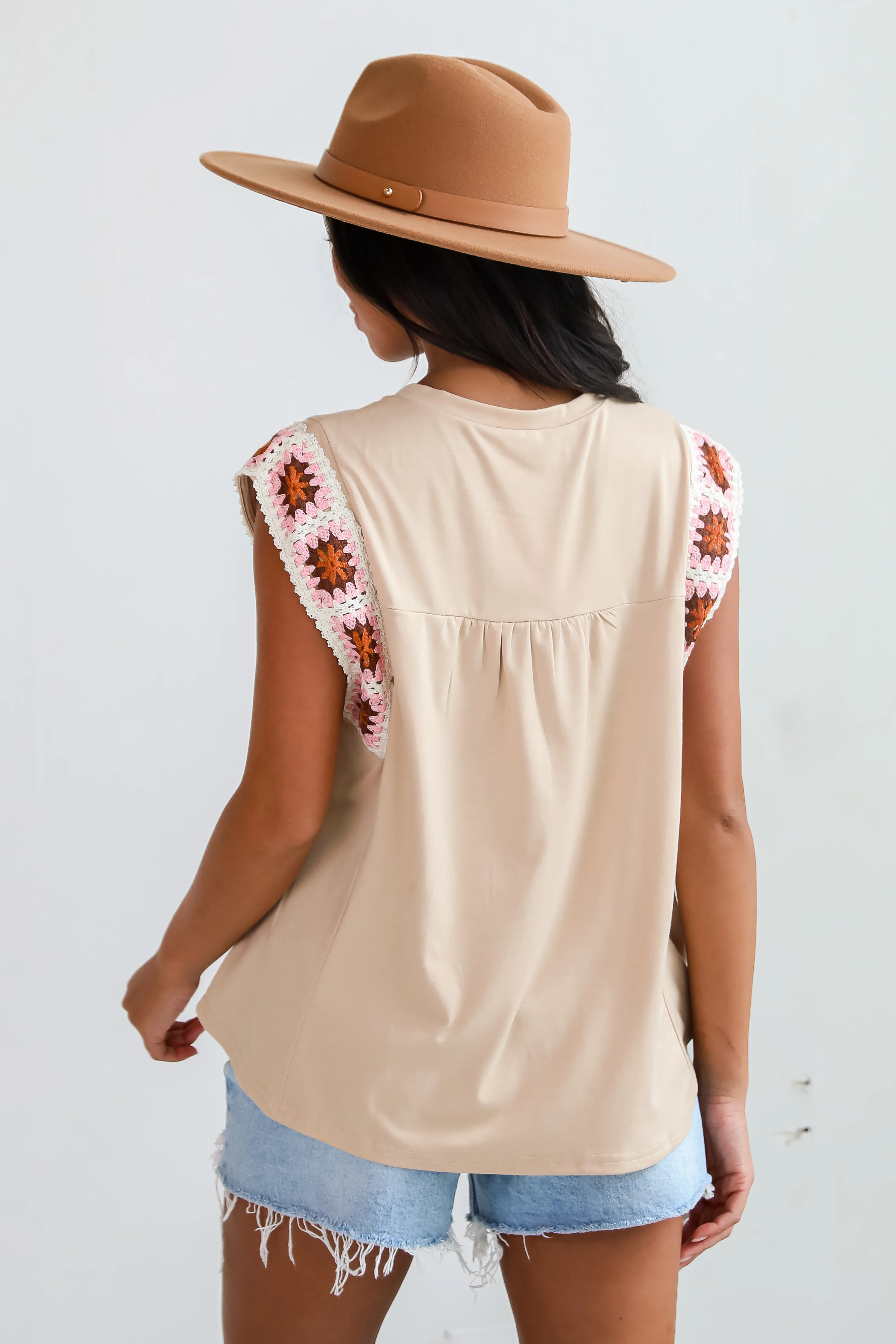 FINAL SALE - Adored Cutie Mocha Crochet Sleeve Top - DU DEAL