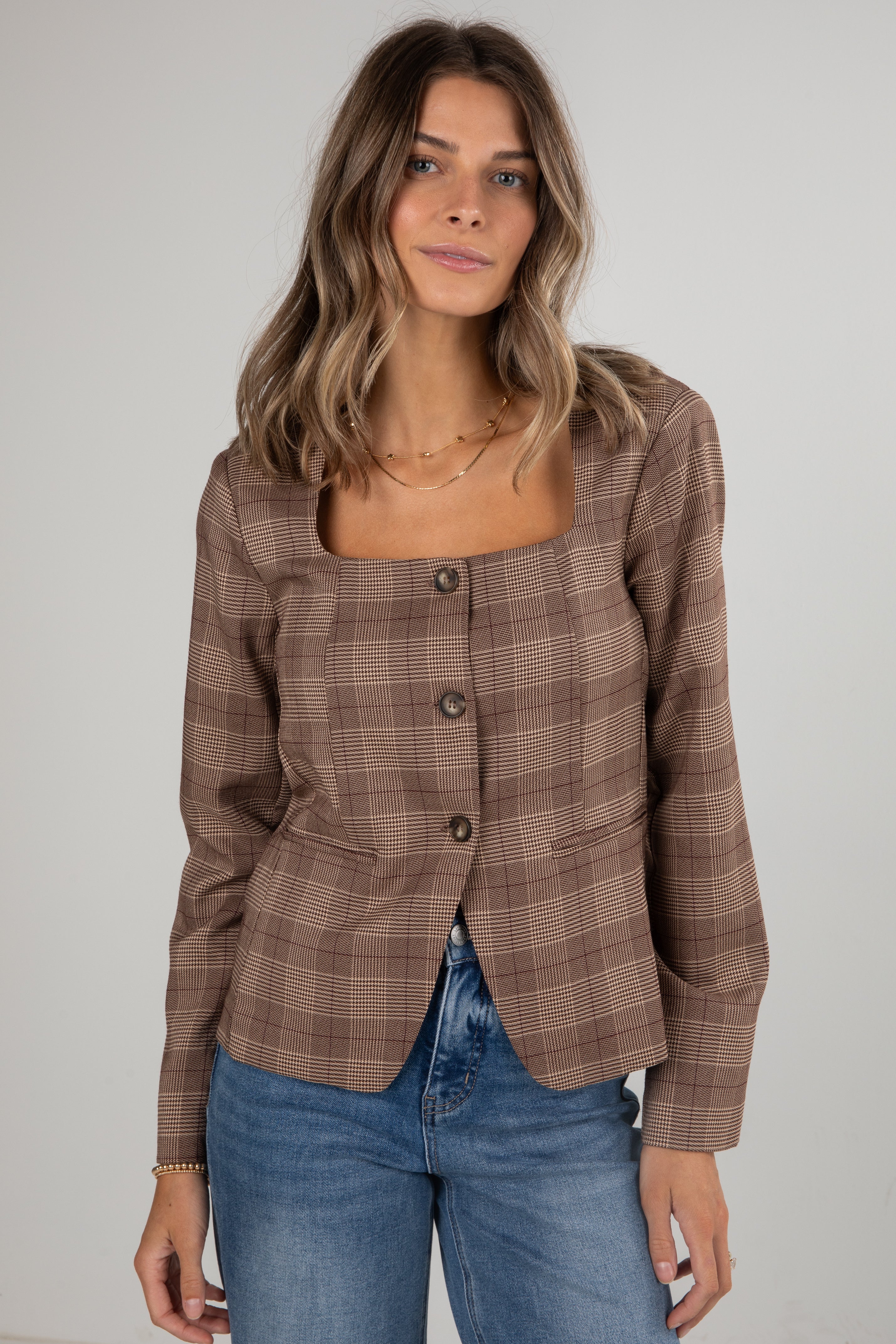 FINAL SALE - Catch Me Later Brown Plaid Blazer Top