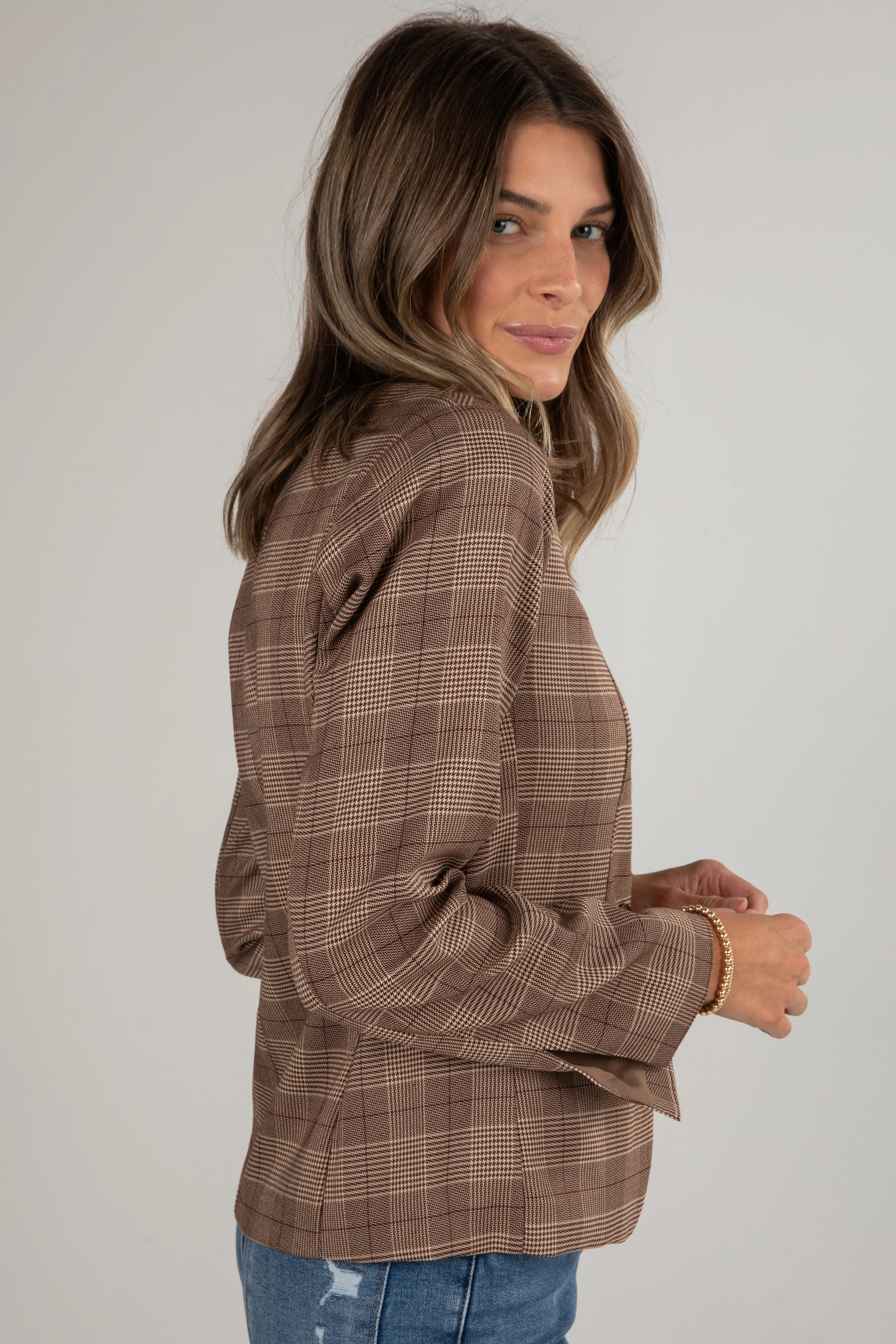 FINAL SALE - Catch Me Later Brown Plaid Blazer Top