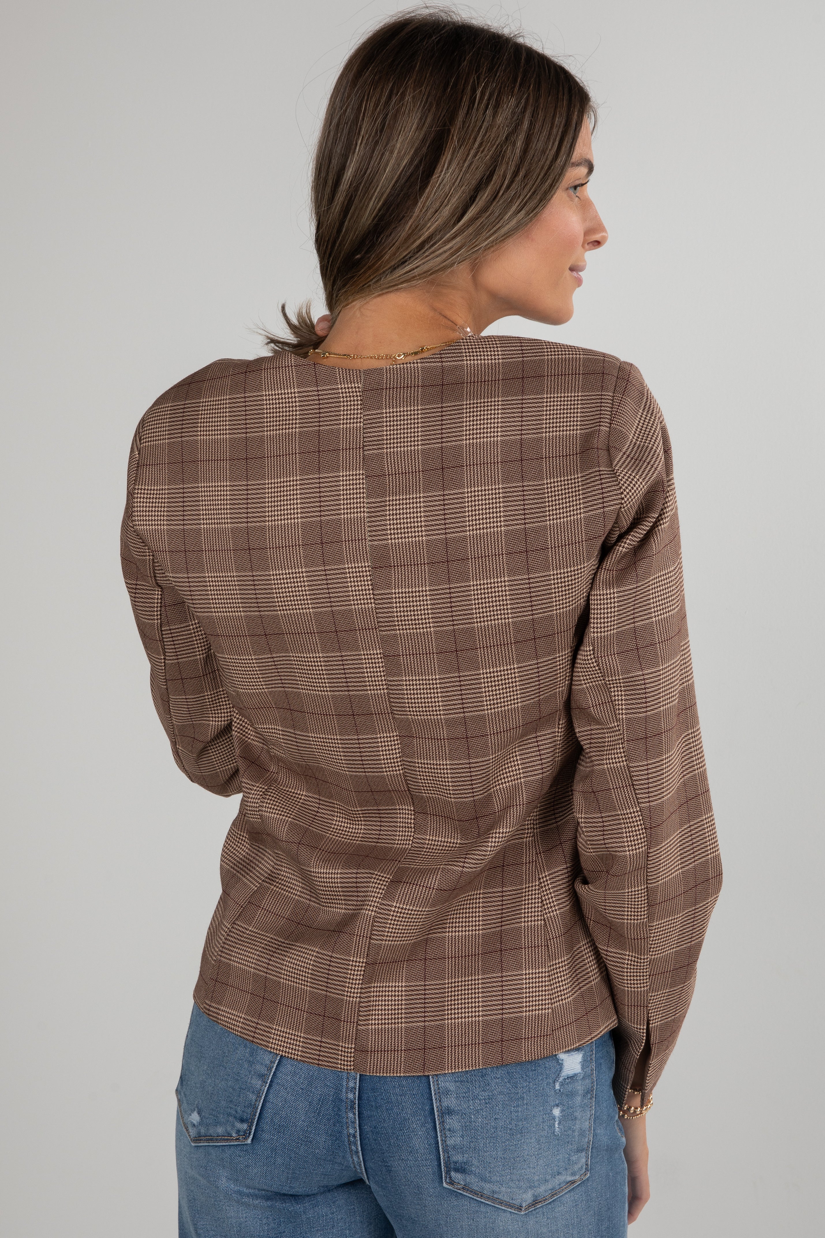 FINAL SALE - Catch Me Later Brown Plaid Blazer Top