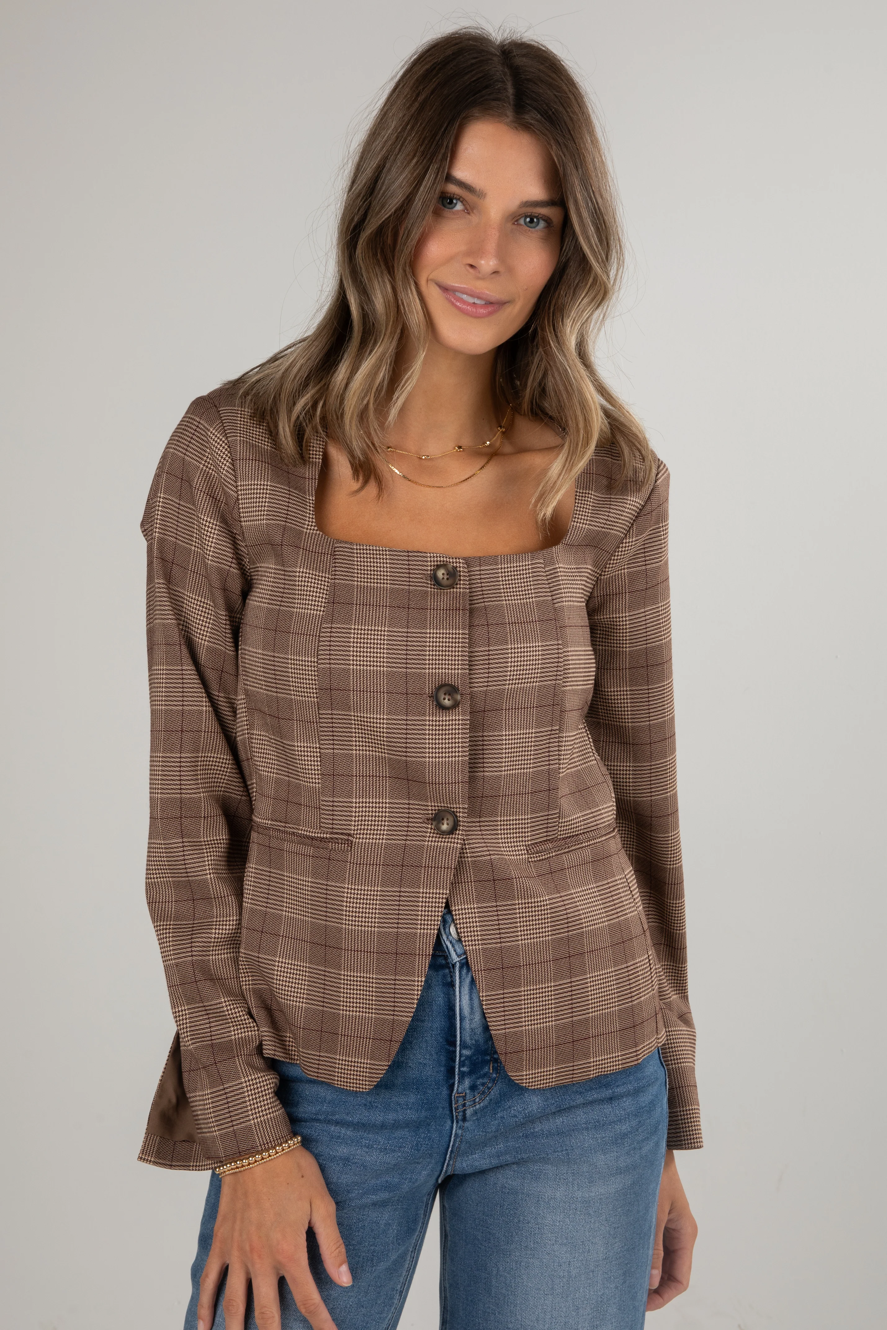 FINAL SALE - Catch Me Later Brown Plaid Blazer Top