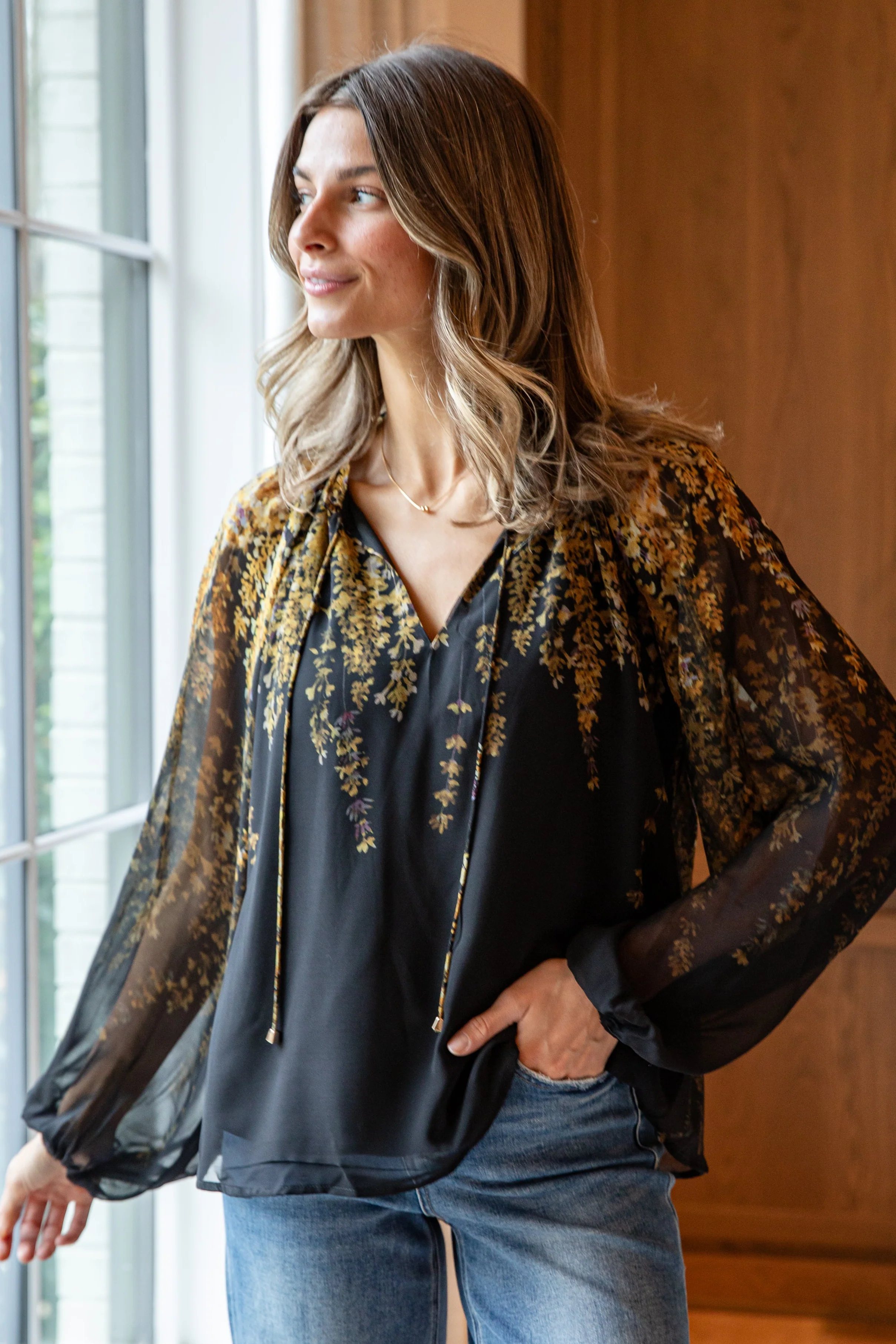 Golden Petal Evening Black Blouse